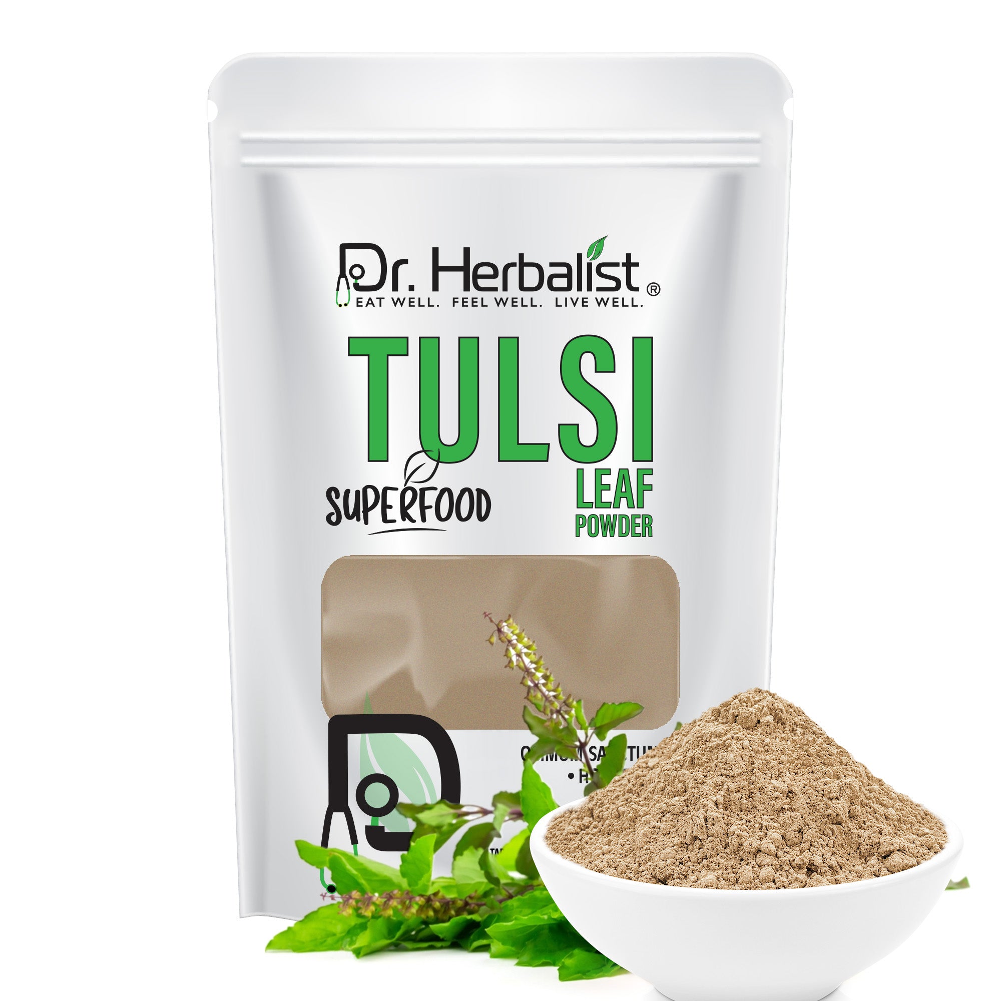 Dr. HERBALIST Tulsi Powder 200g - Pure Ocimum Tenuiflorum (Holy Basil) with Eugenol & Rosmarinic Acid | Supports Respiratory Wellness Stress Relief & Immunity* | Halal, Vegan