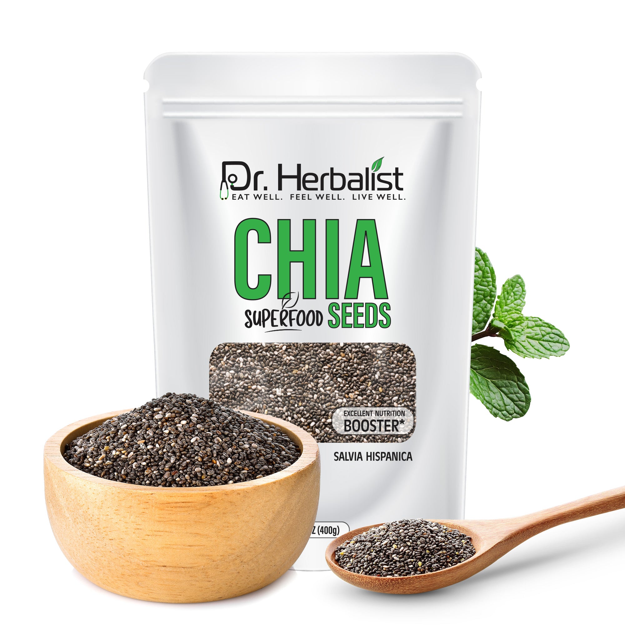 Dr. HERBALIST Chia Seeds 400g - Premium Salvia Hispanica with ALA Omega-3 & Soluble Fiber | Supports Omega Nutrition Hydration & Sustained Energy* | Aztec Superfood | Halal, Vegan