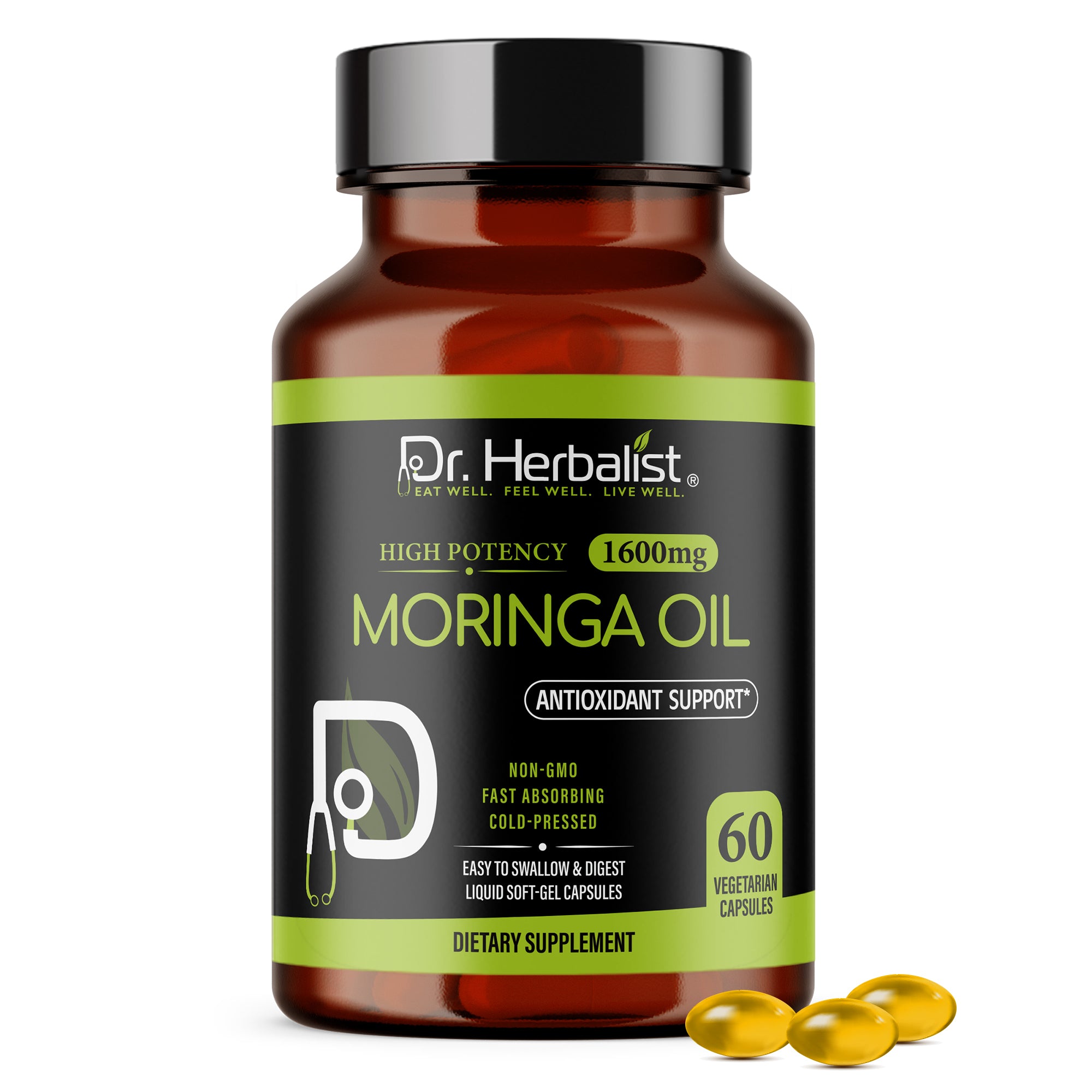 Dr. HERBALIST Moringa Oil Capsules 1600mg - Cold Pressed Moringa Oleifera Seed Oil with Oleic Acid & Behenic Acid | Supports Skin Vitality & Nutritional Wellness* | Halal, Vegan | 60ct