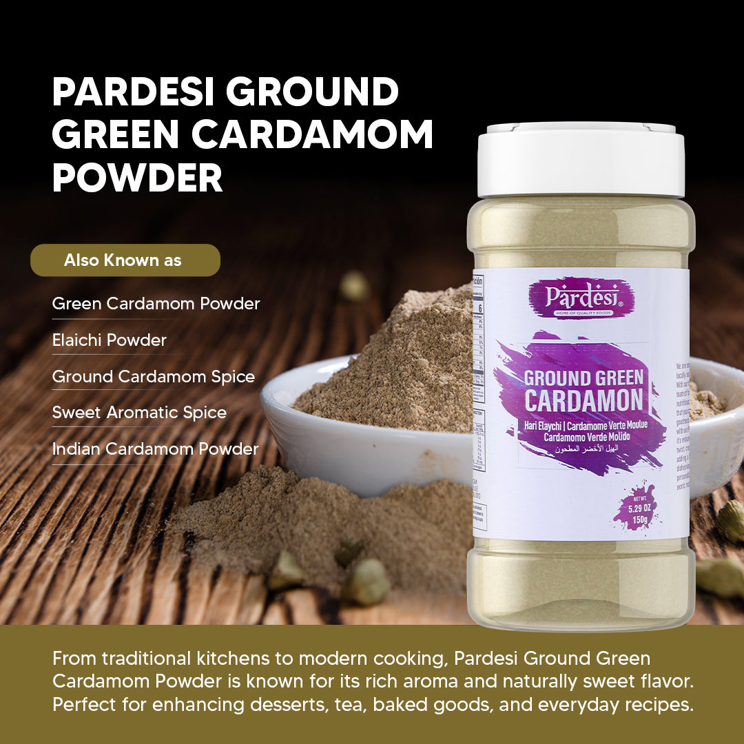 Pardesi Cardamom Powder 150g Jar – Premium Ground Elaichi Spice for Tea, Desserts & Cooking | Aromatic & Fresh | Halal | Dual-Cap Jar