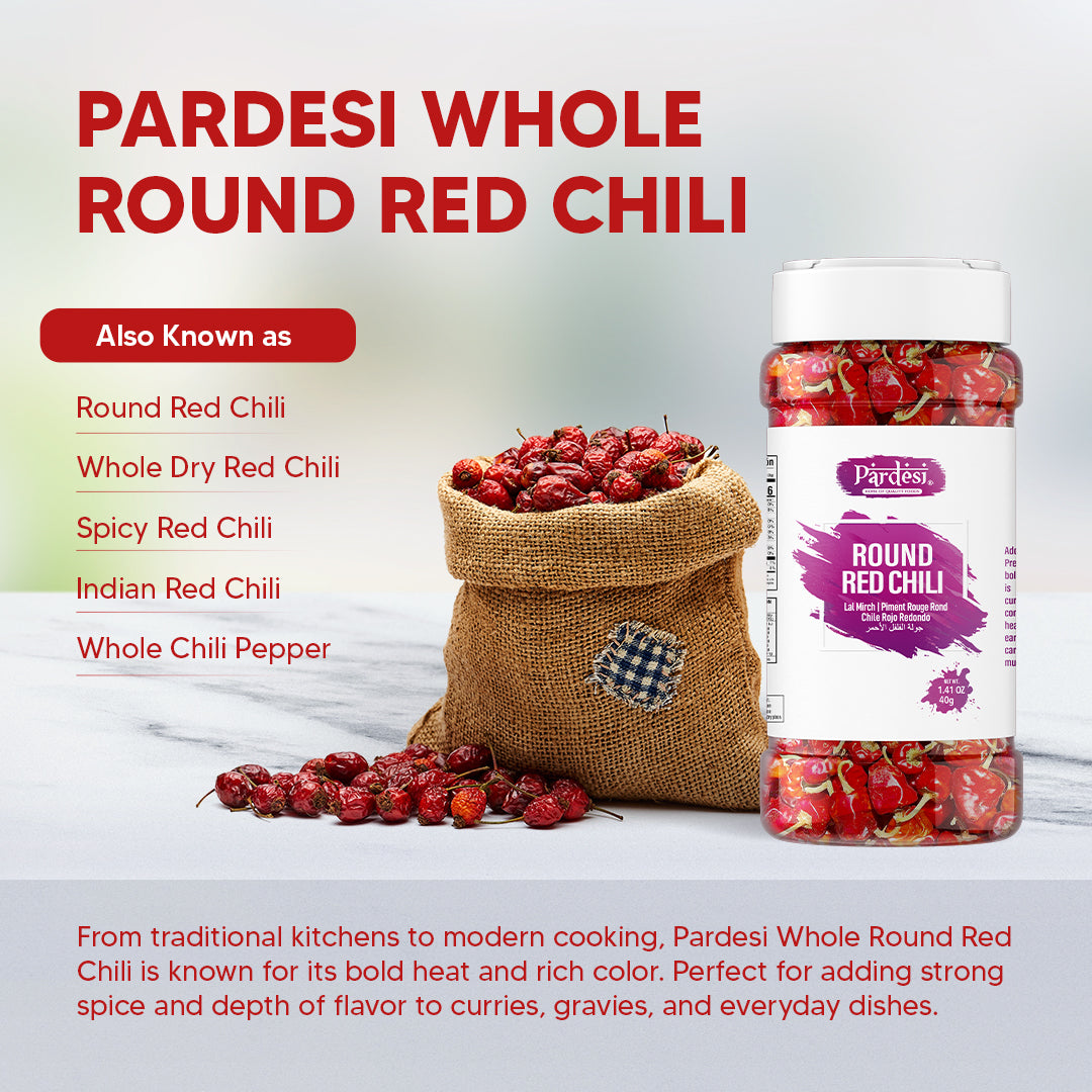 Pardesi Whole Round Chili 40g Jar – Dried Red Round Chilies for Cooking & Spice Blends
