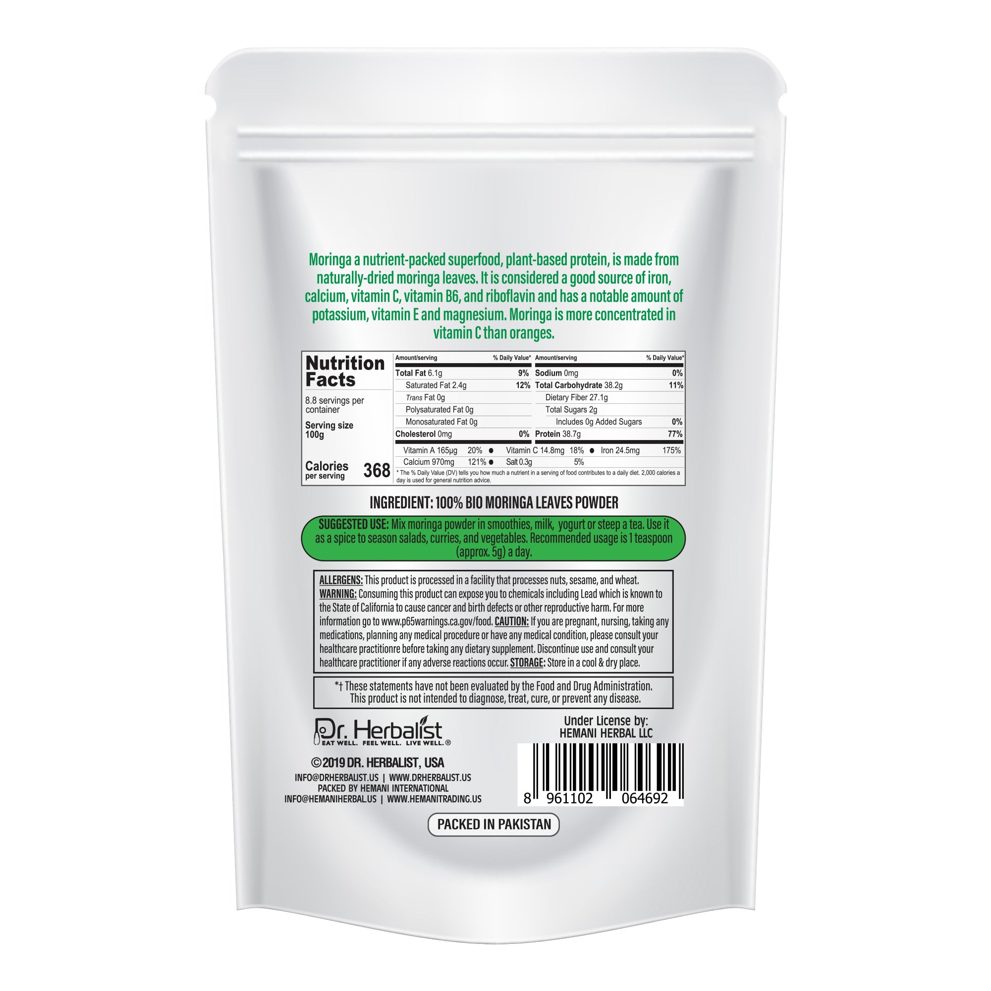 Dr. HERBALIST Moringa Leaf Powder 250g - Pure Moringa Oleifera with All 9 Essential Amino Acids | Supports Daily Nutrition & Antioxidant Wellness* | Smoothie & Food Ready | Halal, Vegan