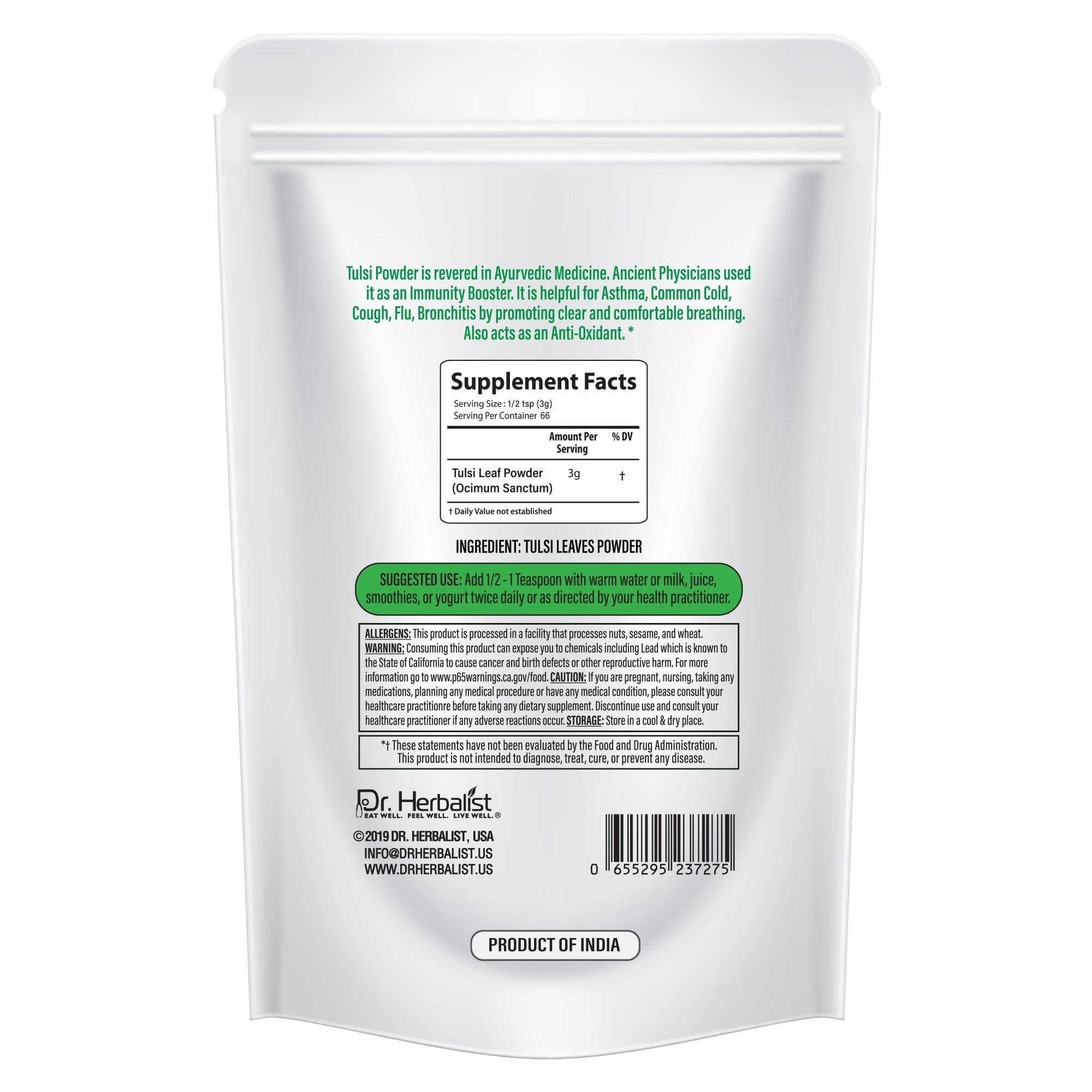 Dr. HERBALIST Tulsi Powder 200g - Pure Ocimum Tenuiflorum (Holy Basil) with Eugenol & Rosmarinic Acid | Supports Respiratory Wellness Stress Relief & Immunity* | Halal, Vegan
