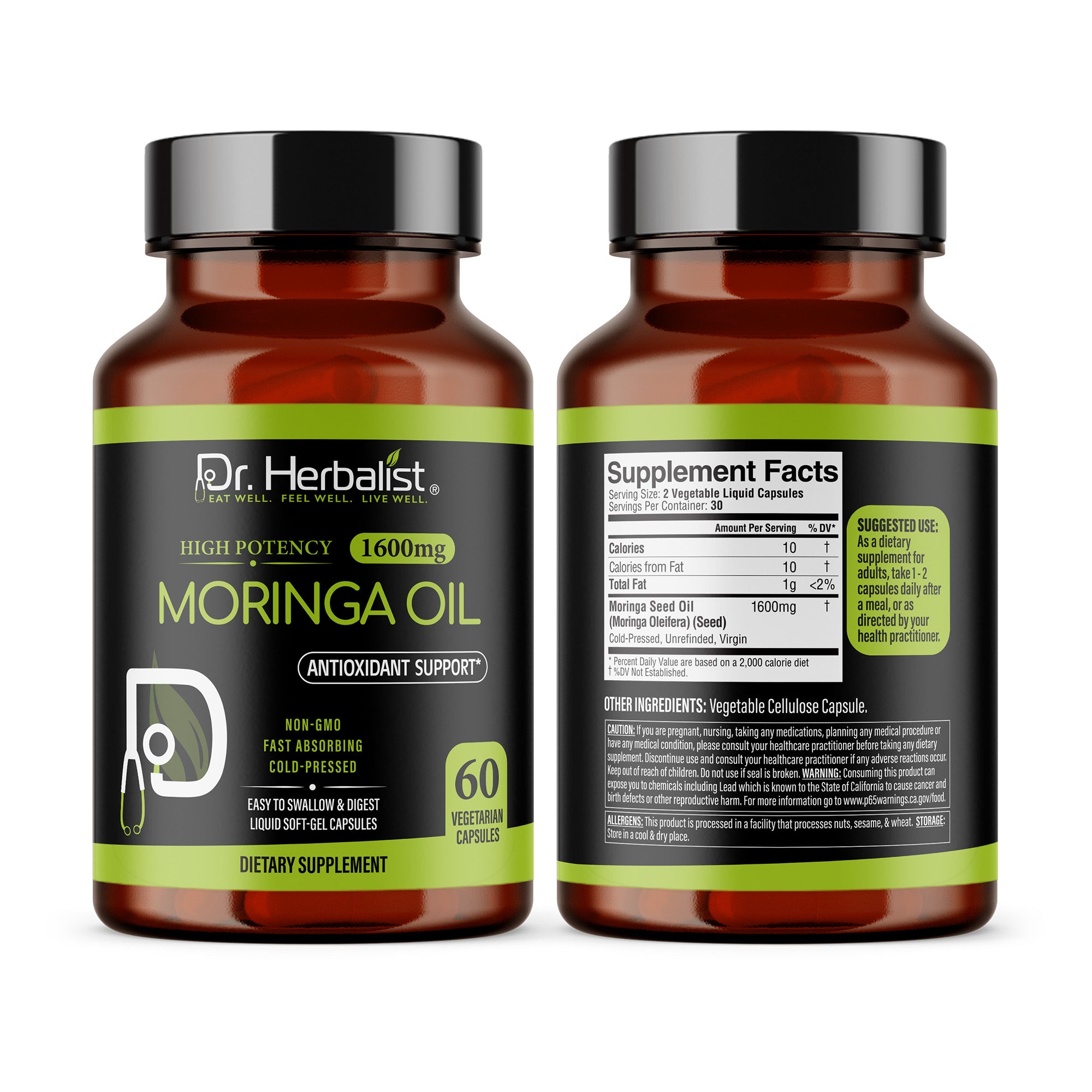 Dr. HERBALIST Moringa Oil Capsules 1600mg - Cold Pressed Moringa Oleifera Seed Oil with Oleic Acid & Behenic Acid | Supports Skin Vitality & Nutritional Wellness* | Halal, Vegan | 60ct