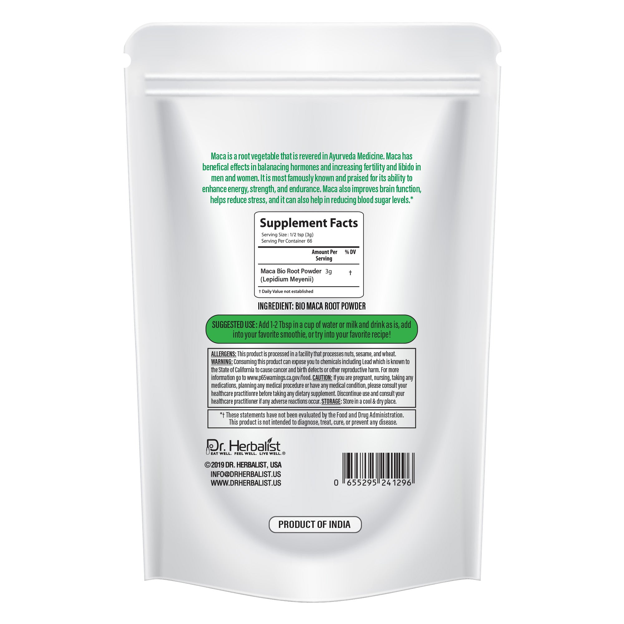Dr. HERBALIST Maca Root Powder 200g - Pure Lepidium Meyenii from Peruvian Andes | Supports Energy Stamina & Hormonal Balance* | Malty Flavor | Trial Size | Halal, Vegan
