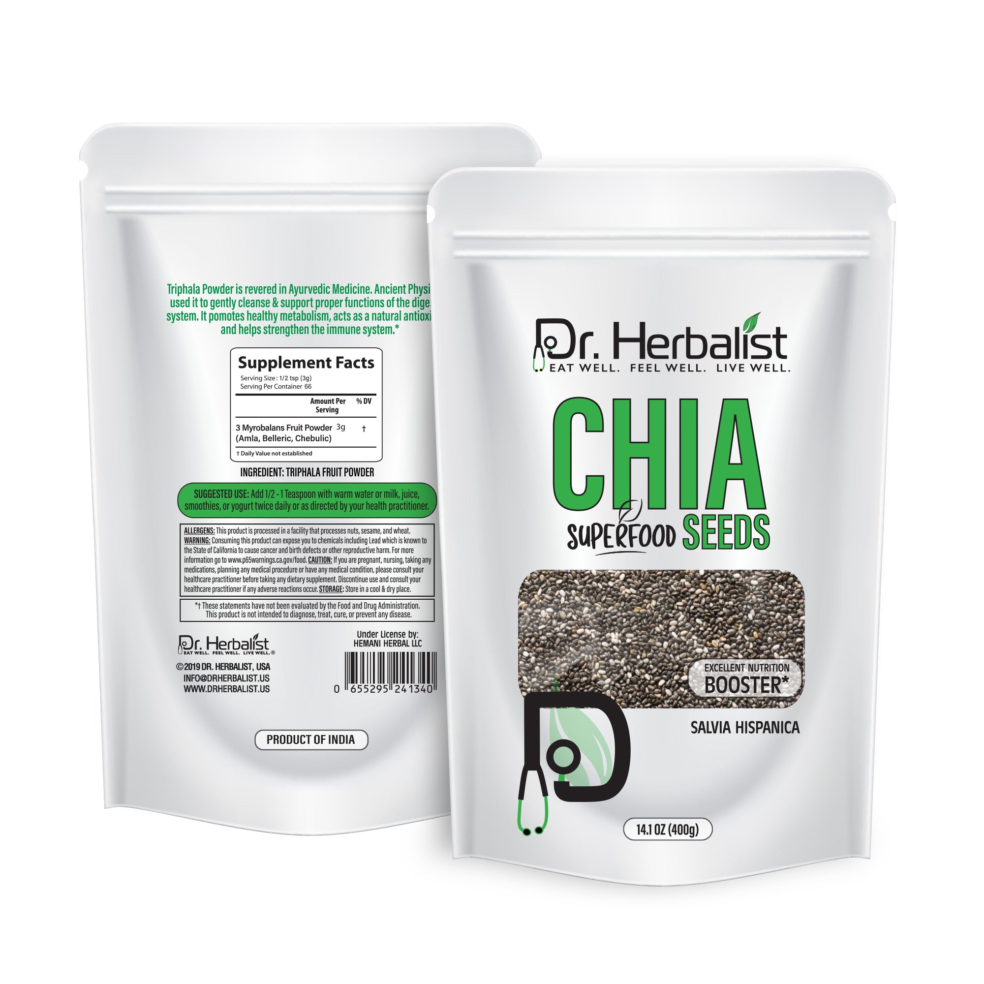 Dr. HERBALIST Chia Seeds 400g - Premium Salvia Hispanica with ALA Omega-3 & Soluble Fiber | Supports Omega Nutrition Hydration & Sustained Energy* | Aztec Superfood | Halal, Vegan