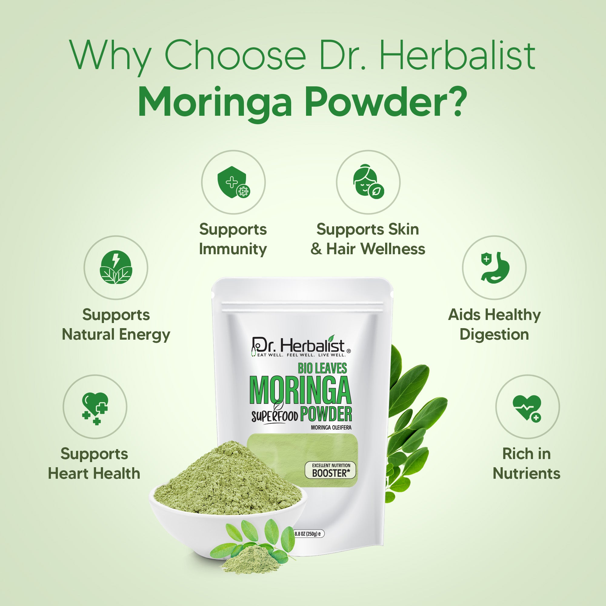 Dr. HERBALIST Moringa Leaf Powder 250g - Pure Moringa Oleifera with All 9 Essential Amino Acids | Supports Daily Nutrition & Antioxidant Wellness* | Smoothie & Food Ready | Halal, Vegan