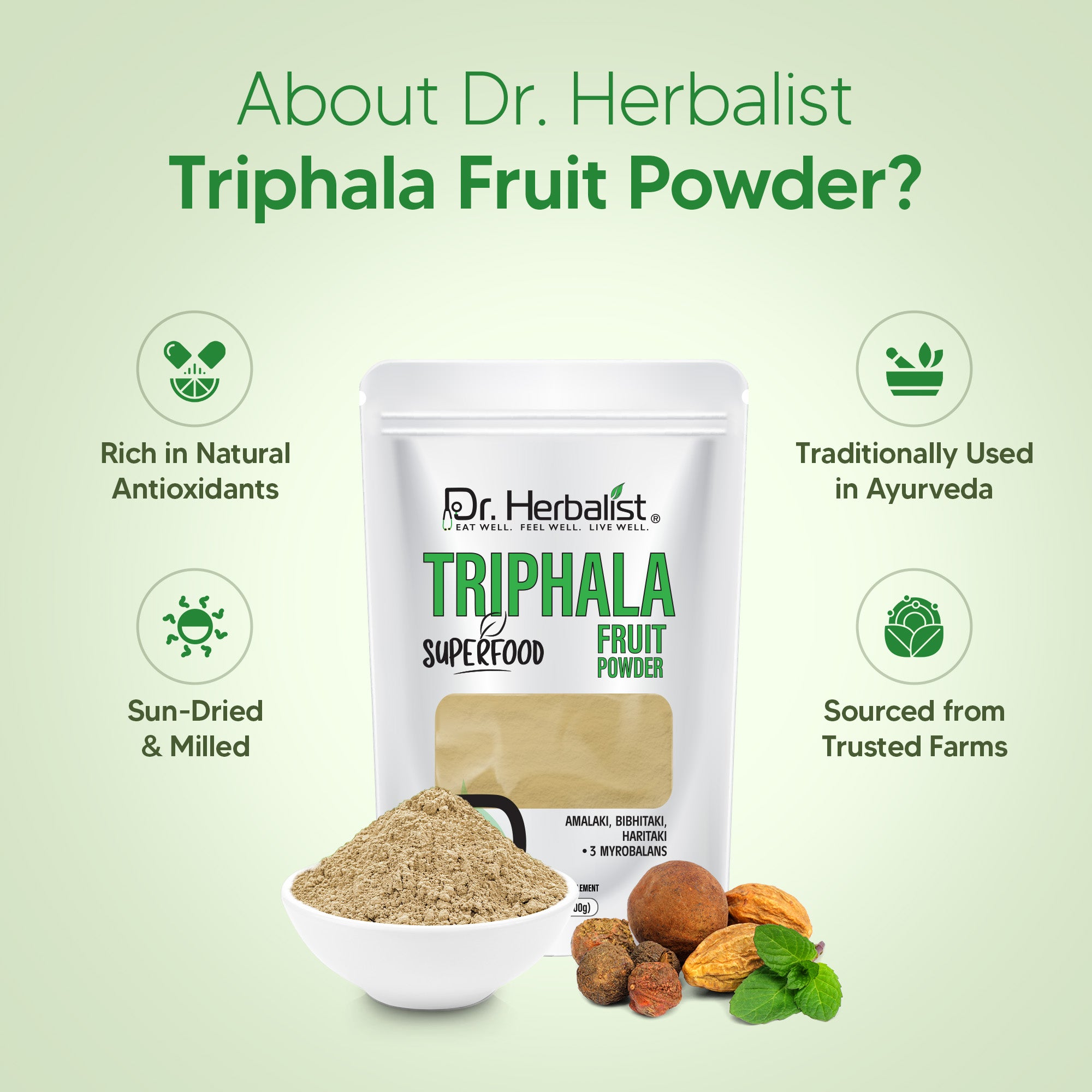 Dr. HERBALIST Triphala Powder 200g - Amla Bibhitaki Haritaki Three-Fruit Ayurvedic Formula | Supports Digestive Wellness & Gentle Detoxification* | Halal, Vegan