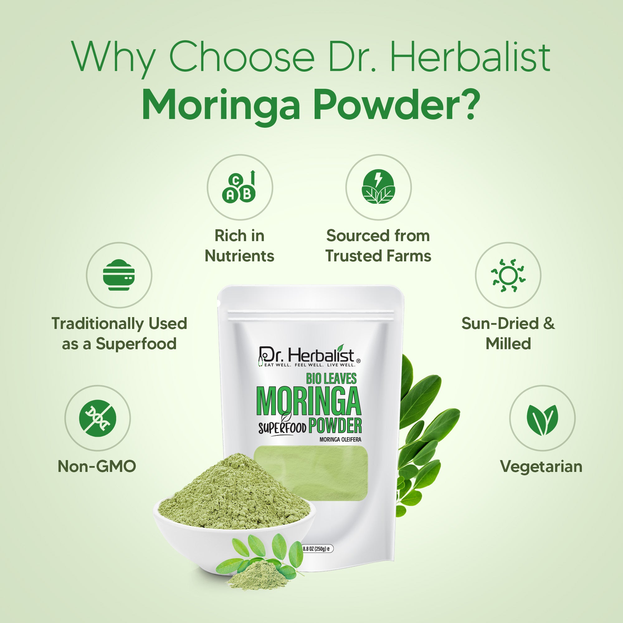 Dr. HERBALIST Moringa Leaf Powder 250g - Pure Moringa Oleifera with All 9 Essential Amino Acids | Supports Daily Nutrition & Antioxidant Wellness* | Smoothie & Food Ready | Halal, Vegan