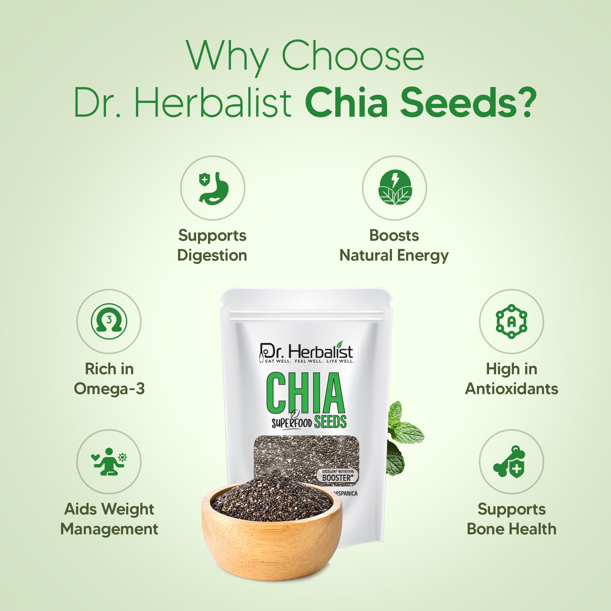 Dr. HERBALIST Chia Seeds 400g - Premium Salvia Hispanica with ALA Omega-3 & Soluble Fiber | Supports Omega Nutrition Hydration & Sustained Energy* | Aztec Superfood | Halal, Vegan