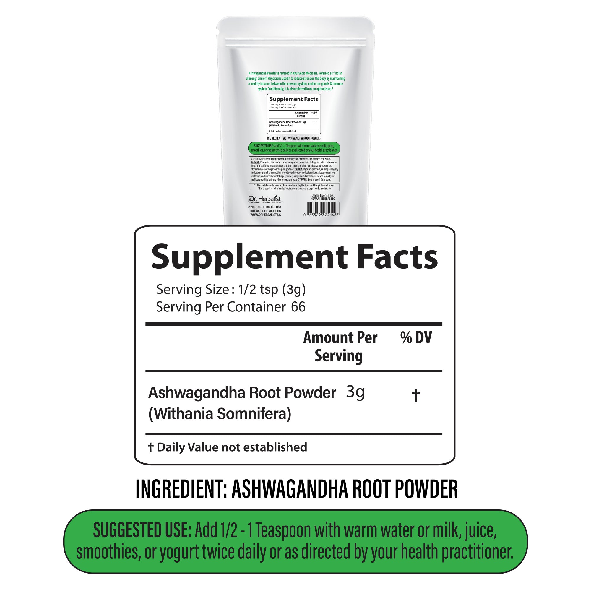 Dr. HERBALIST Ashwagandha Root Powder 200g - Pure Withania Somnifera for Traditional Preparation | Supports Calm Focus & Vitality* | Mix in Milk Smoothie or Tea | Halal, Vegan