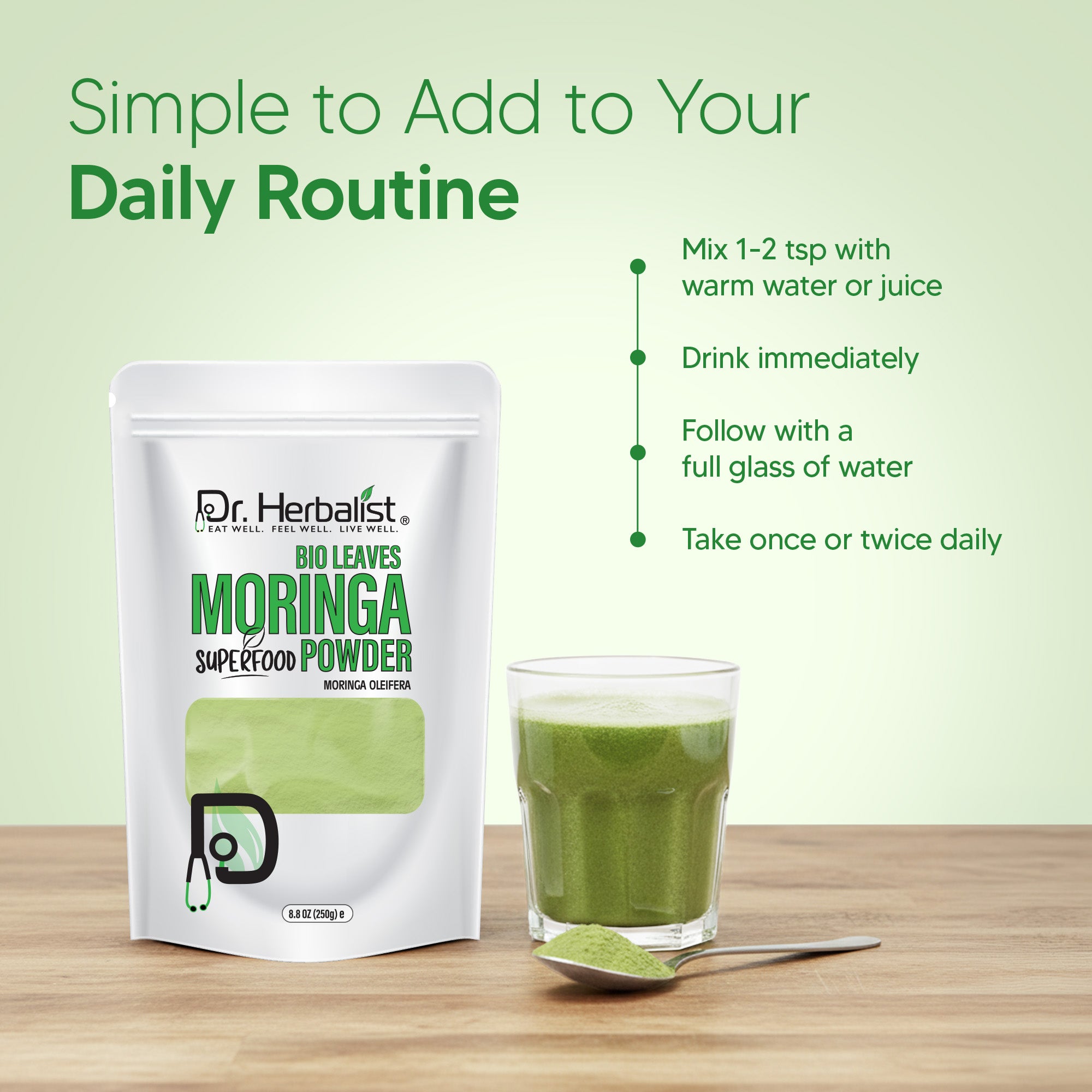 Dr. HERBALIST Moringa Leaf Powder 250g - Pure Moringa Oleifera with All 9 Essential Amino Acids | Supports Daily Nutrition & Antioxidant Wellness* | Smoothie & Food Ready | Halal, Vegan