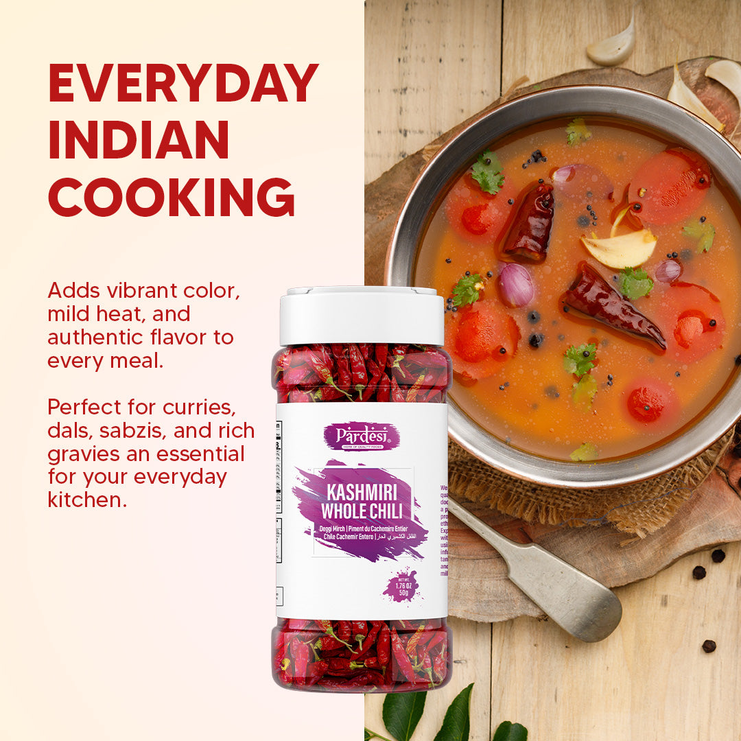 Pardesi Kashmiri Whole Chili (Kashmiri Mirch) 50g — Mild Heat, Deep Red Color for Tandoori, Curry & Rogan Josh | Halal, Non-GMO | Dual-Cap Jar