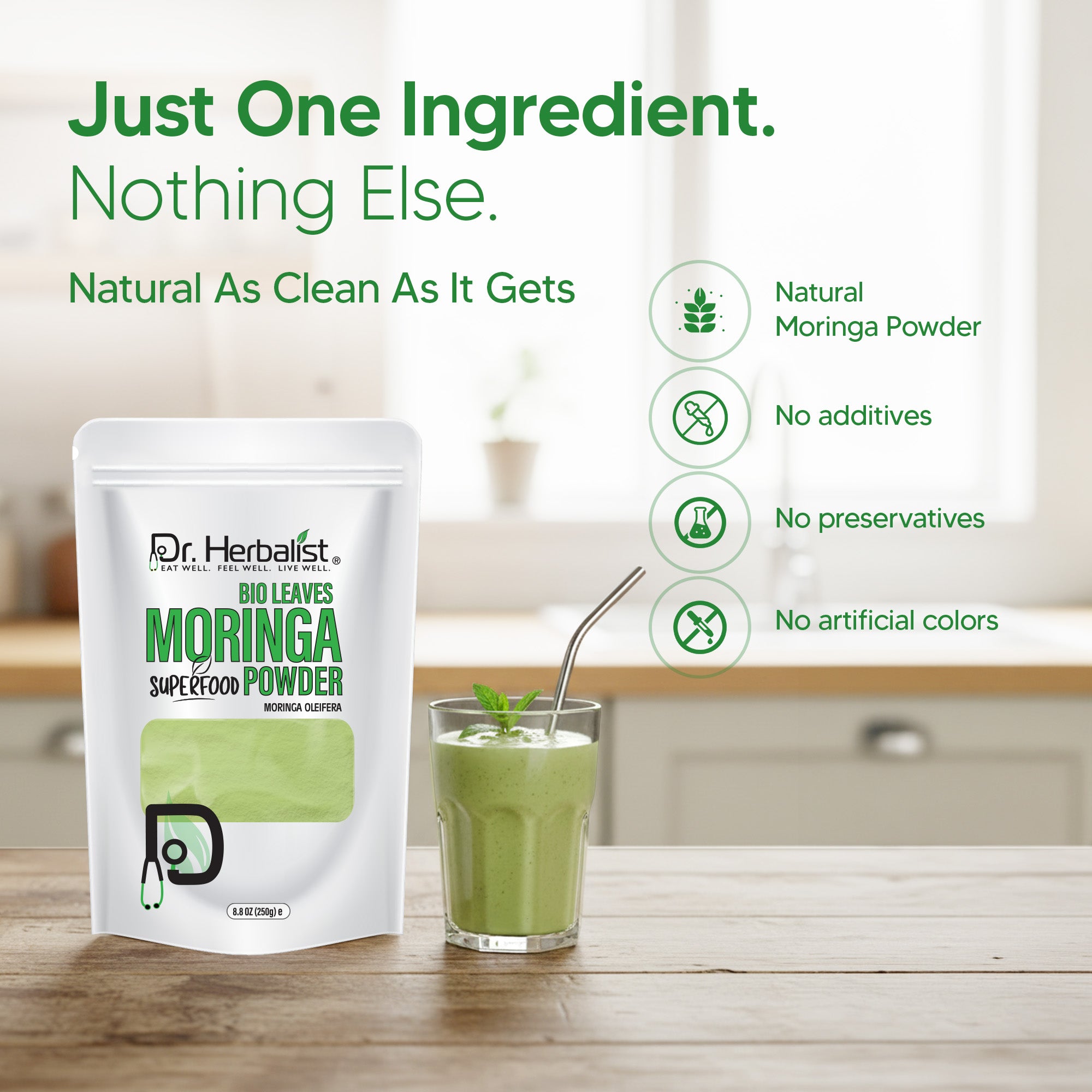 Dr. HERBALIST Moringa Leaf Powder 250g - Pure Moringa Oleifera with All 9 Essential Amino Acids | Supports Daily Nutrition & Antioxidant Wellness* | Smoothie & Food Ready | Halal, Vegan