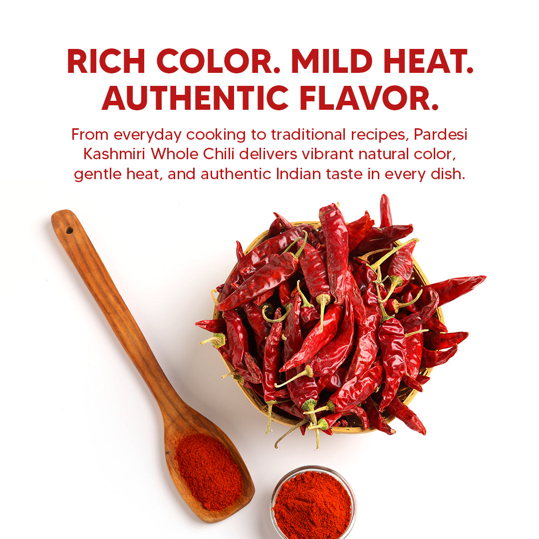 Pardesi Kashmiri Whole Chili (Kashmiri Mirch) 50g — Mild Heat, Deep Red Color for Tandoori, Curry & Rogan Josh | Halal, Non-GMO | Dual-Cap Jar