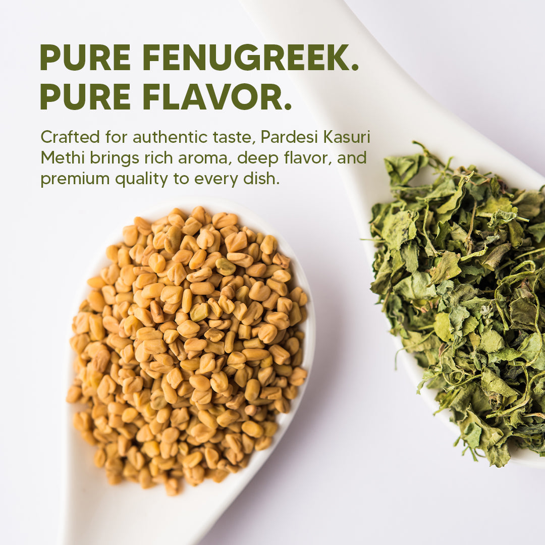 Pardesi Dried Fenugreek Leaves (Kasoori Methi) 30g — Premium Crushed Methi for Butter Chicken, Naan & Curry Finishing | Halal, Non-GMO | Dual-Cap Jar