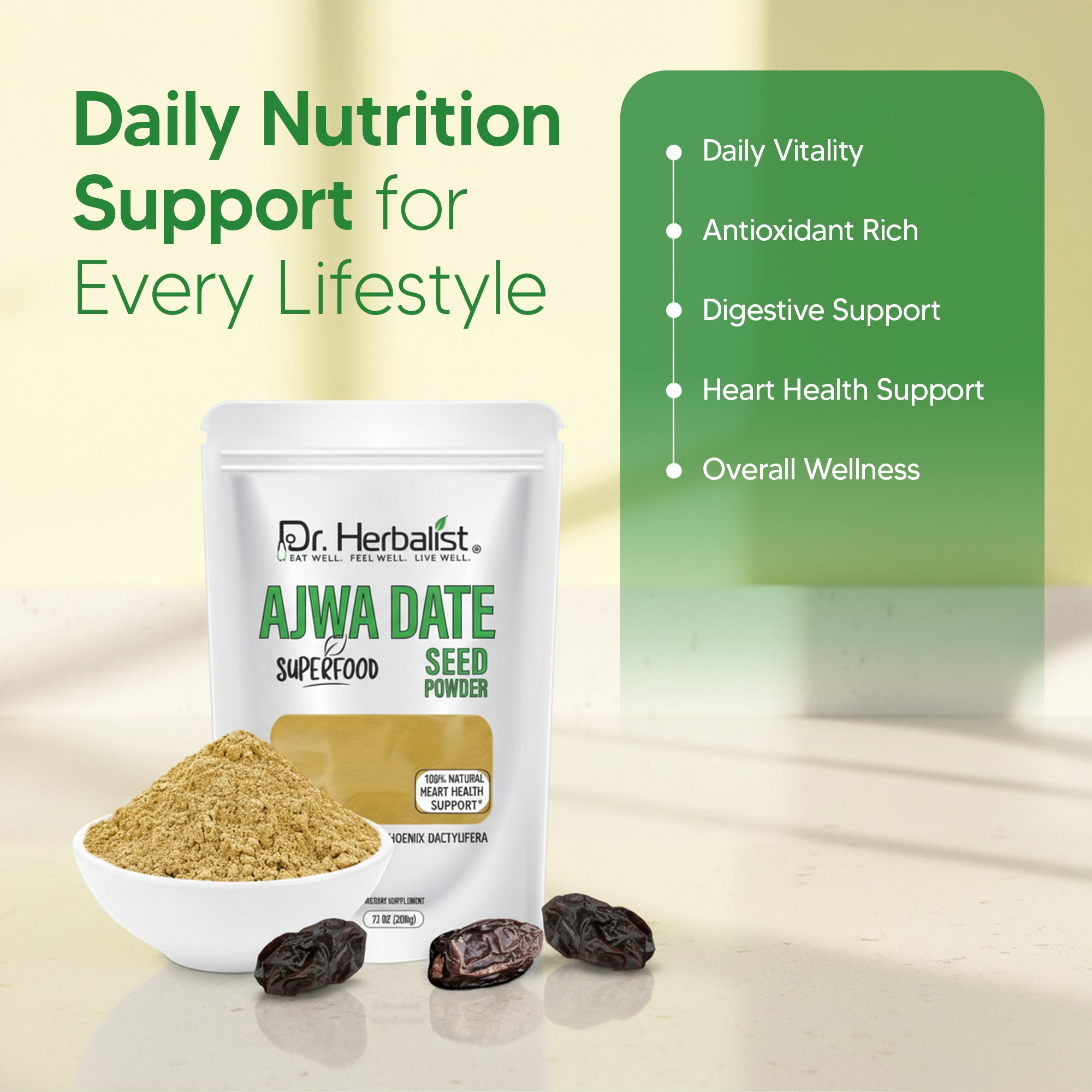 Dr. HERBALIST Ajwa Date Powder 200g - Dried Madinah Phoenix Dactylifera with Polyphenols | Supports Heart Wellness & Daily Nourishment* | Natural Sweetener Alternative | Halal, Vegan
