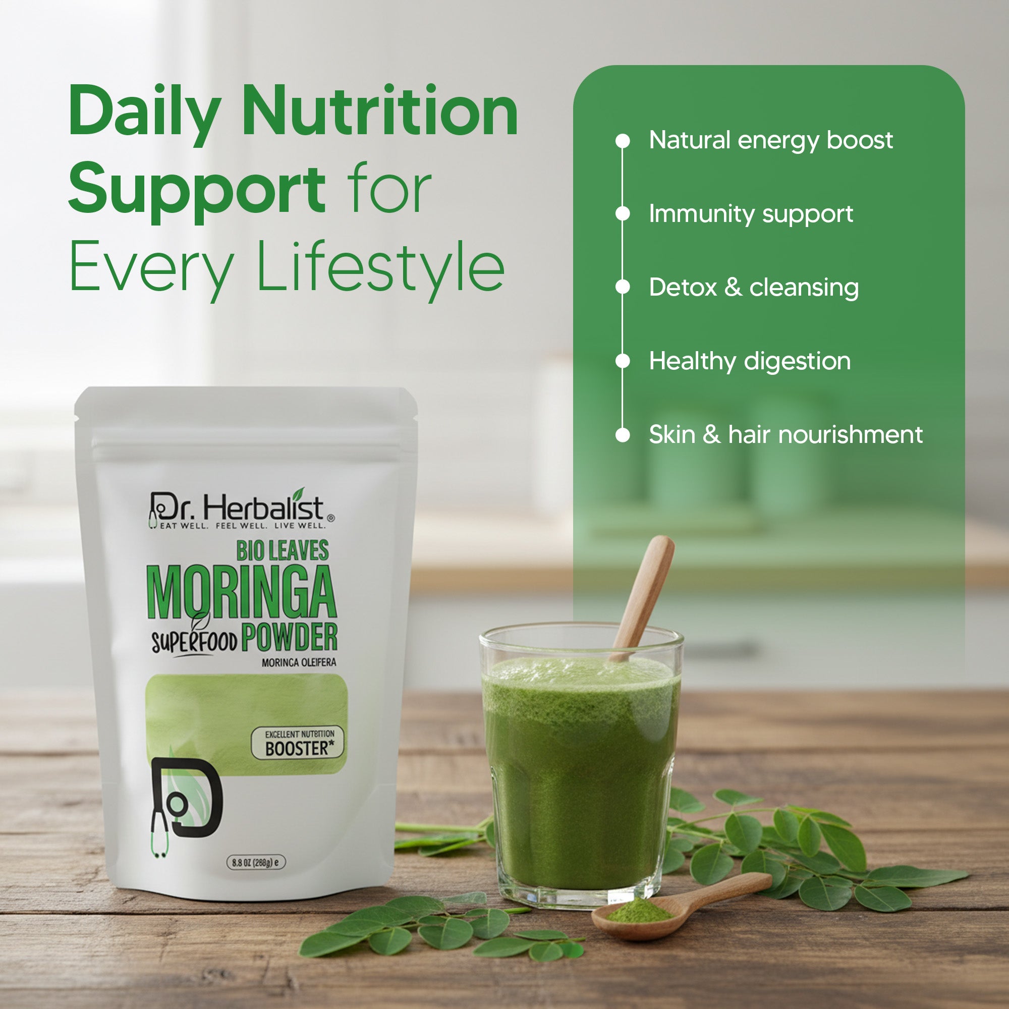 Dr. HERBALIST Moringa Leaf Powder 250g - Pure Moringa Oleifera with All 9 Essential Amino Acids | Supports Daily Nutrition & Antioxidant Wellness* | Smoothie & Food Ready | Halal, Vegan
