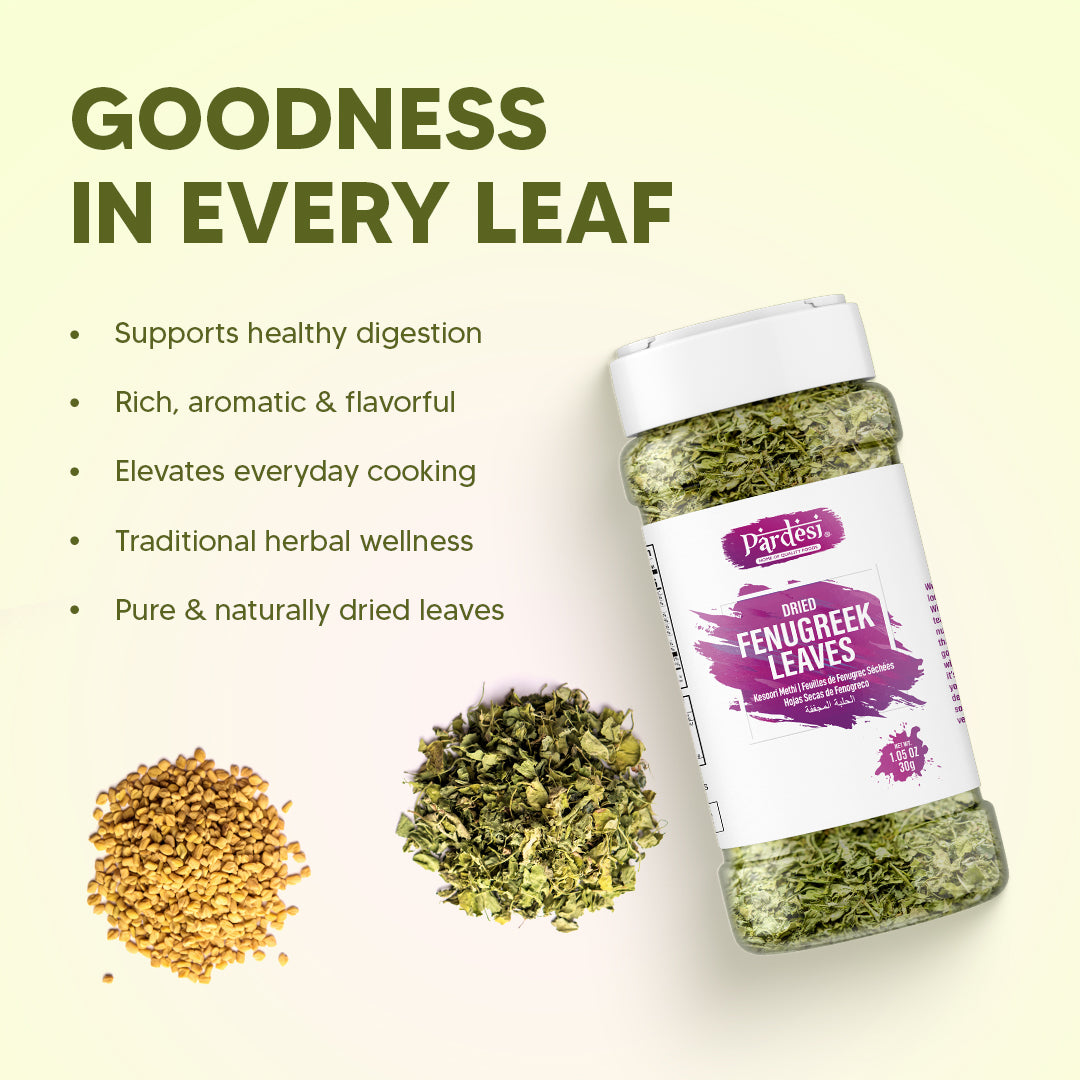 Pardesi Dried Fenugreek Leaves (Kasoori Methi) 30g — Premium Crushed Methi for Butter Chicken, Naan & Curry Finishing | Halal, Non-GMO | Dual-Cap Jar