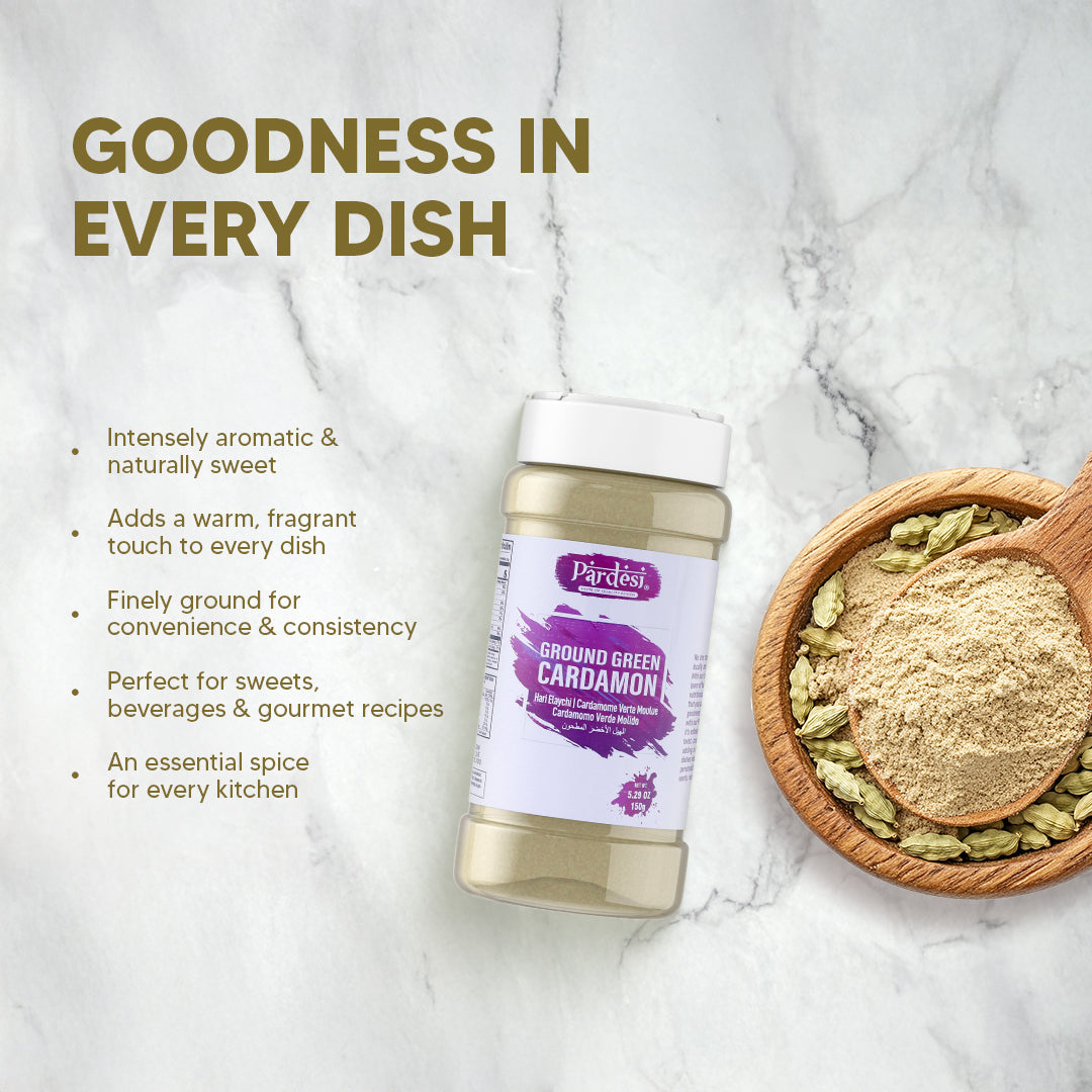 Pardesi Cardamom Powder 150g Jar – Premium Ground Elaichi Spice for Tea, Desserts & Cooking | Aromatic & Fresh | Halal | Dual-Cap Jar