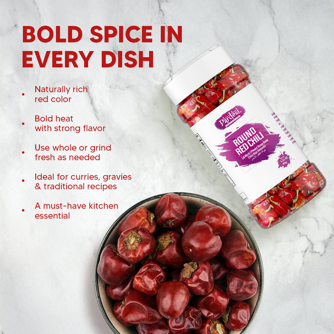 Pardesi Whole Round Chili 40g Jar – Dried Red Round Chilies for Cooking & Spice Blends