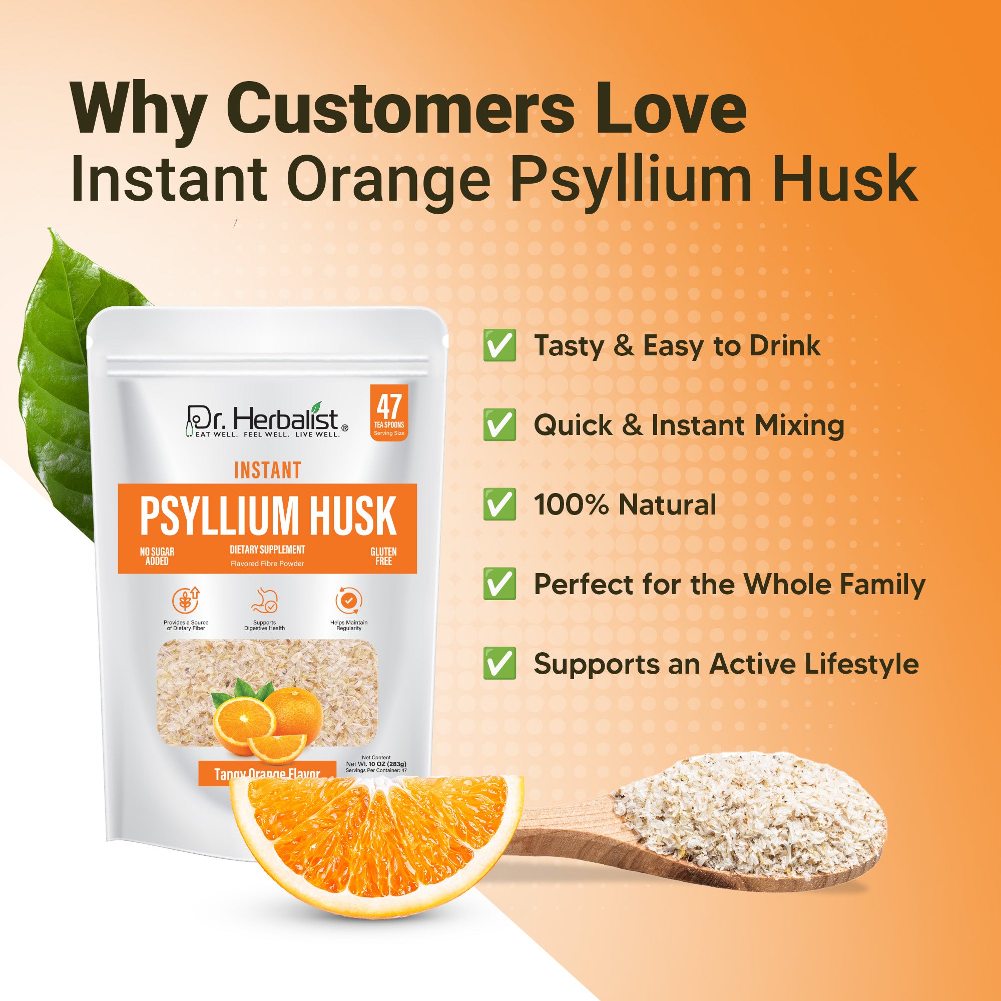 Dr. Herbalist Orange Instant Psyllium Husk Powder 283g – Premium Fiber Blend, Orange Flavor, Easy Mix Drink