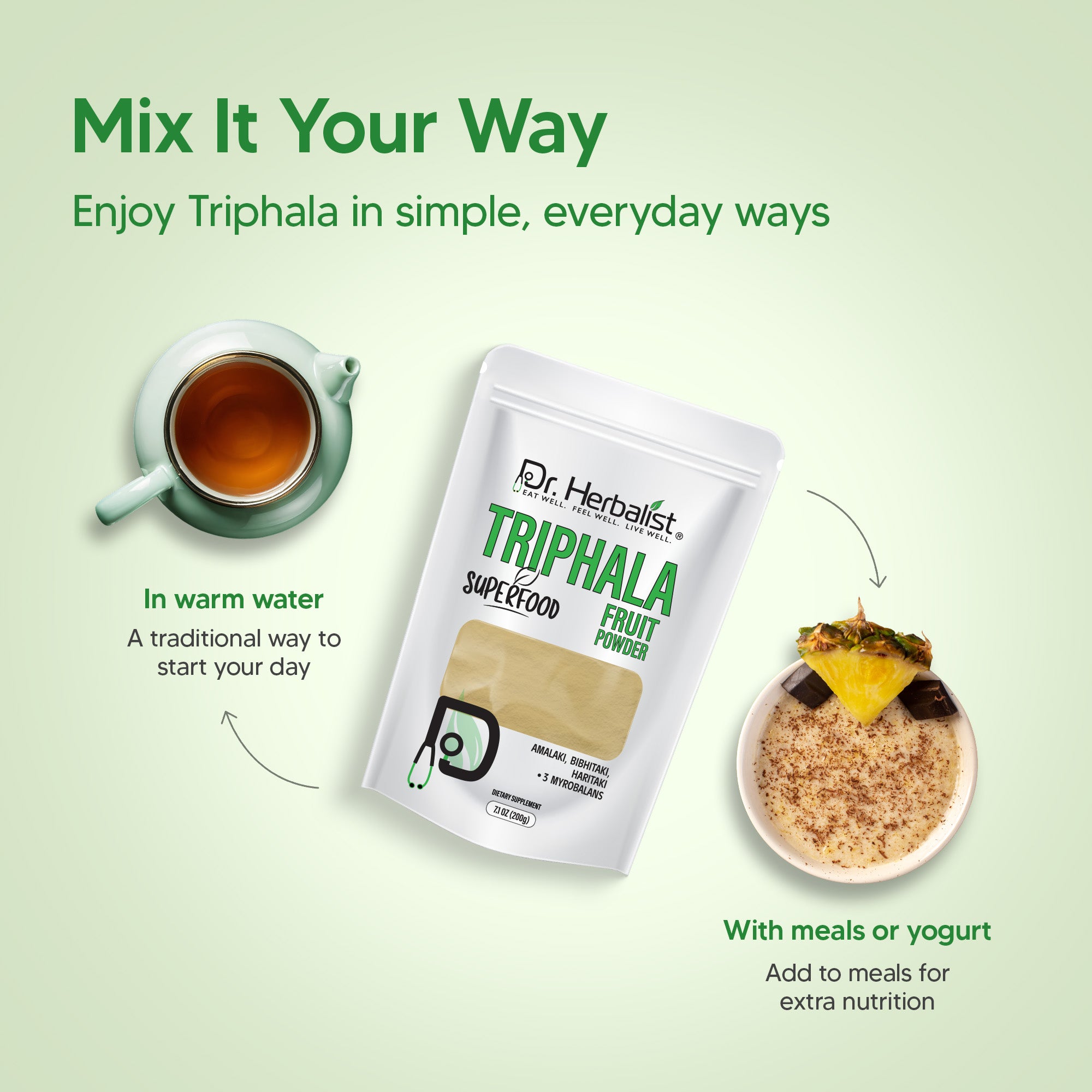 Dr. HERBALIST Triphala Powder 200g - Amla Bibhitaki Haritaki Three-Fruit Ayurvedic Formula | Supports Digestive Wellness & Gentle Detoxification* | Halal, Vegan