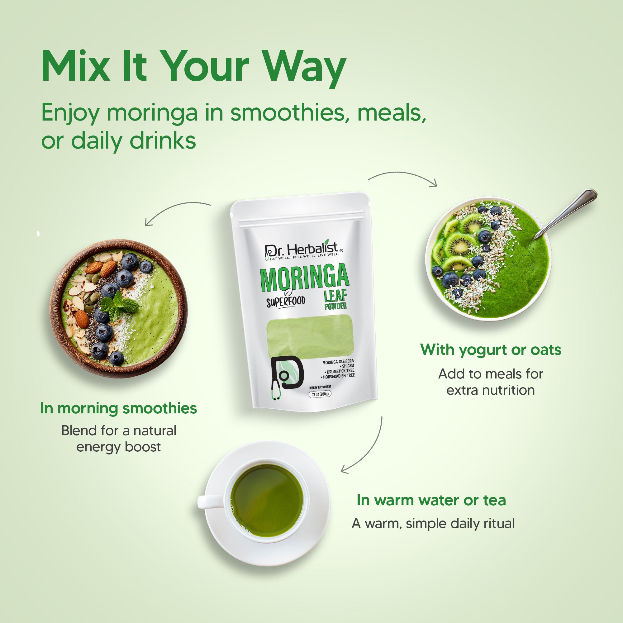 Dr. HERBALIST Moringa Powder 200g - Pure Moringa Oleifera Leaf with Complete Amino Acids & Iron | Supports Daily Nutrition & Antioxidant Wellness* | Value Size | Halal, Vegan