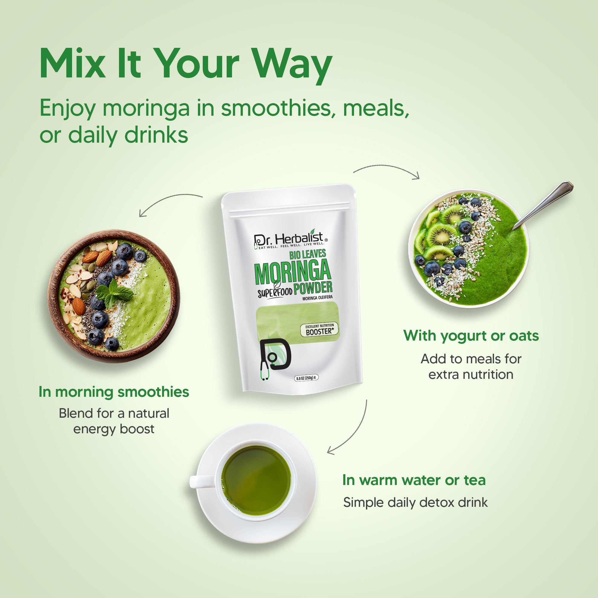 Dr. HERBALIST Moringa Leaf Powder 250g - Pure Moringa Oleifera with All 9 Essential Amino Acids | Supports Daily Nutrition & Antioxidant Wellness* | Smoothie & Food Ready | Halal, Vegan