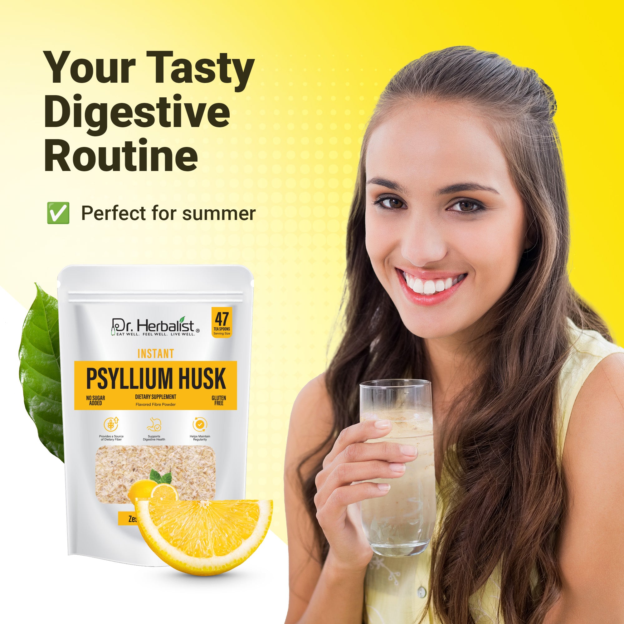 Dr. Herbalist Lemon Instant Psyllium Husk Powder 283g – Premium Fiber Blend, Lemon Flavor, Easy Mix Drink