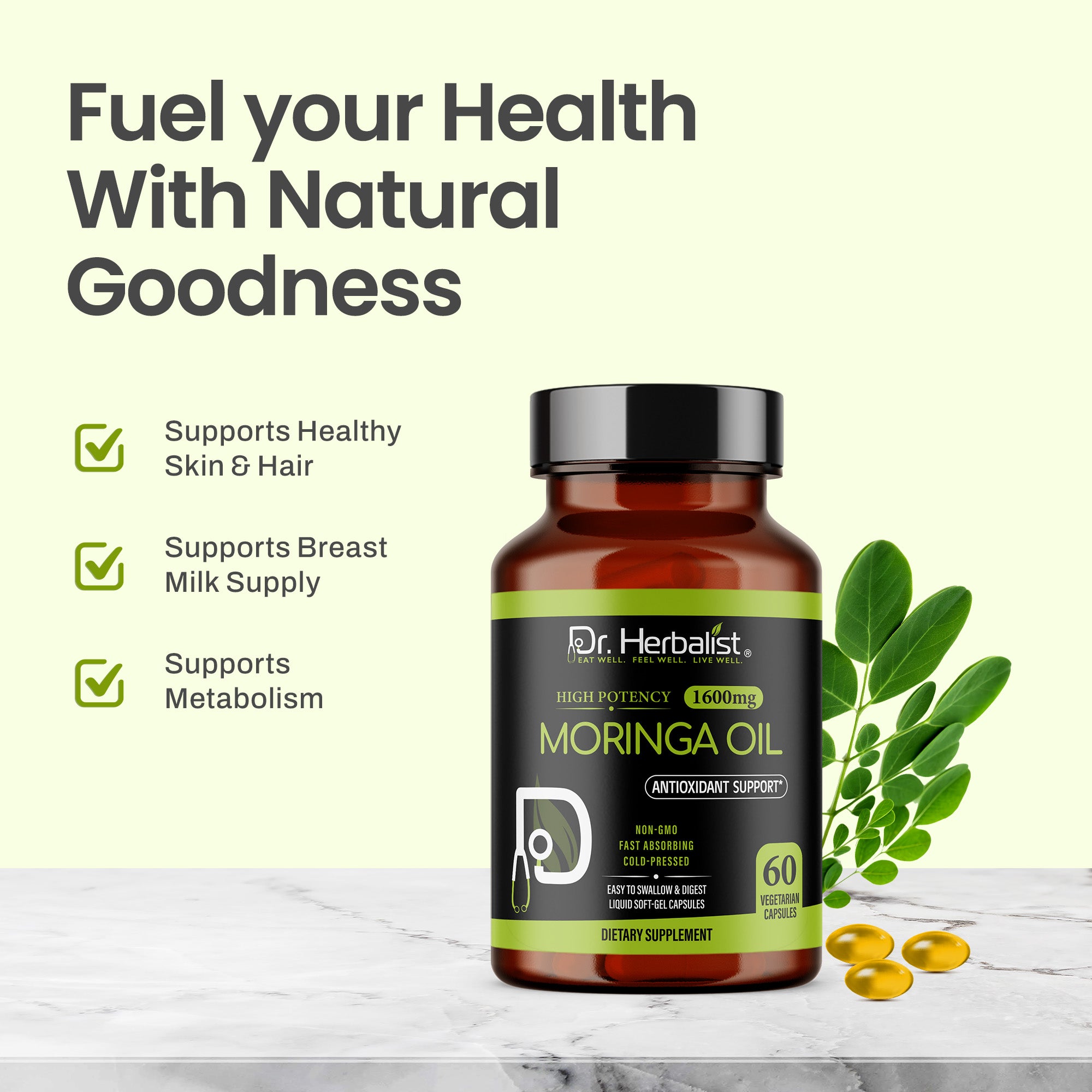 Dr. HERBALIST Moringa Oil Capsules 1600mg - Cold Pressed Moringa Oleifera Seed Oil with Oleic Acid & Behenic Acid | Supports Skin Vitality & Nutritional Wellness* | Halal, Vegan | 60ct
