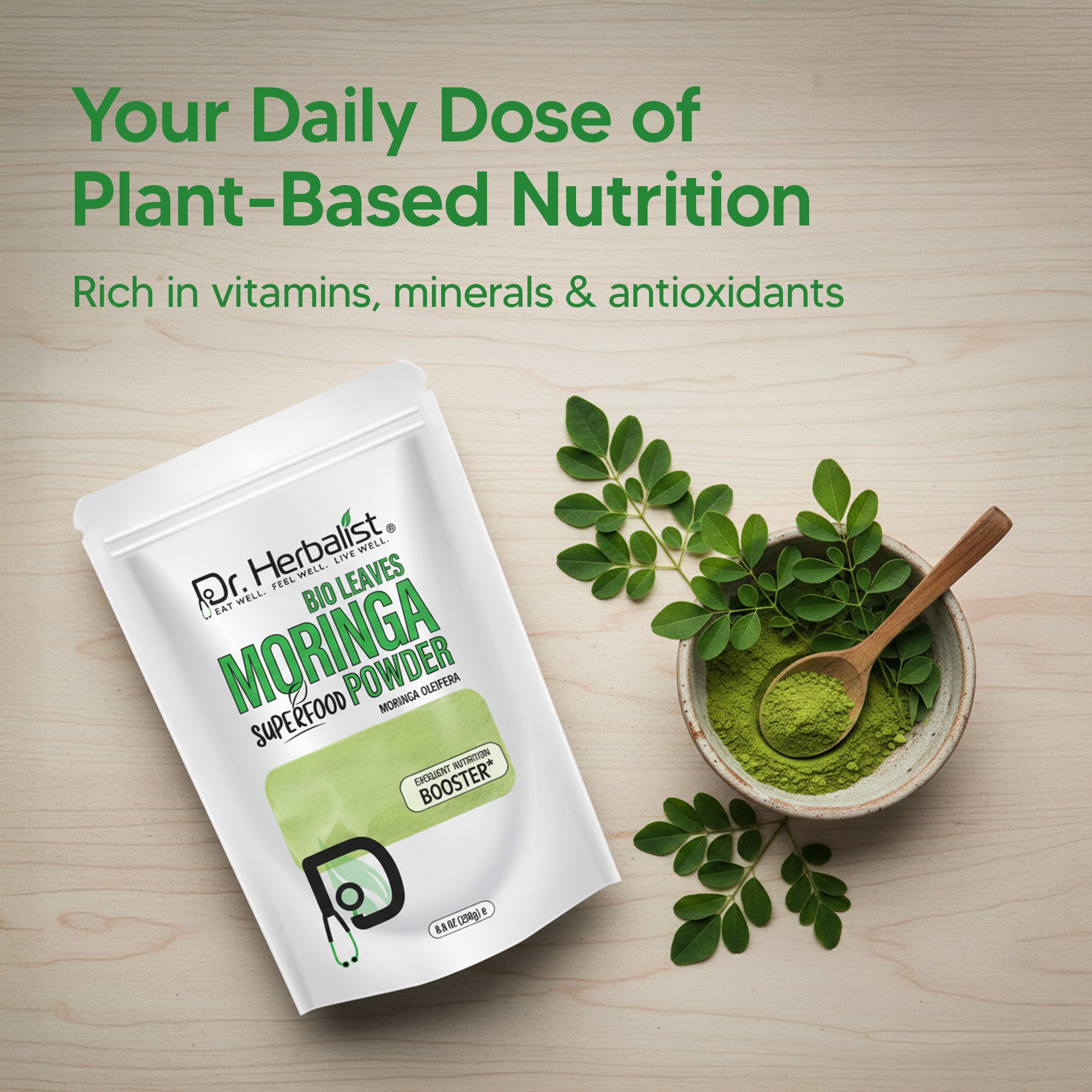 Dr. HERBALIST Moringa Leaf Powder 250g - Pure Moringa Oleifera with All 9 Essential Amino Acids | Supports Daily Nutrition & Antioxidant Wellness* | Smoothie & Food Ready | Halal, Vegan