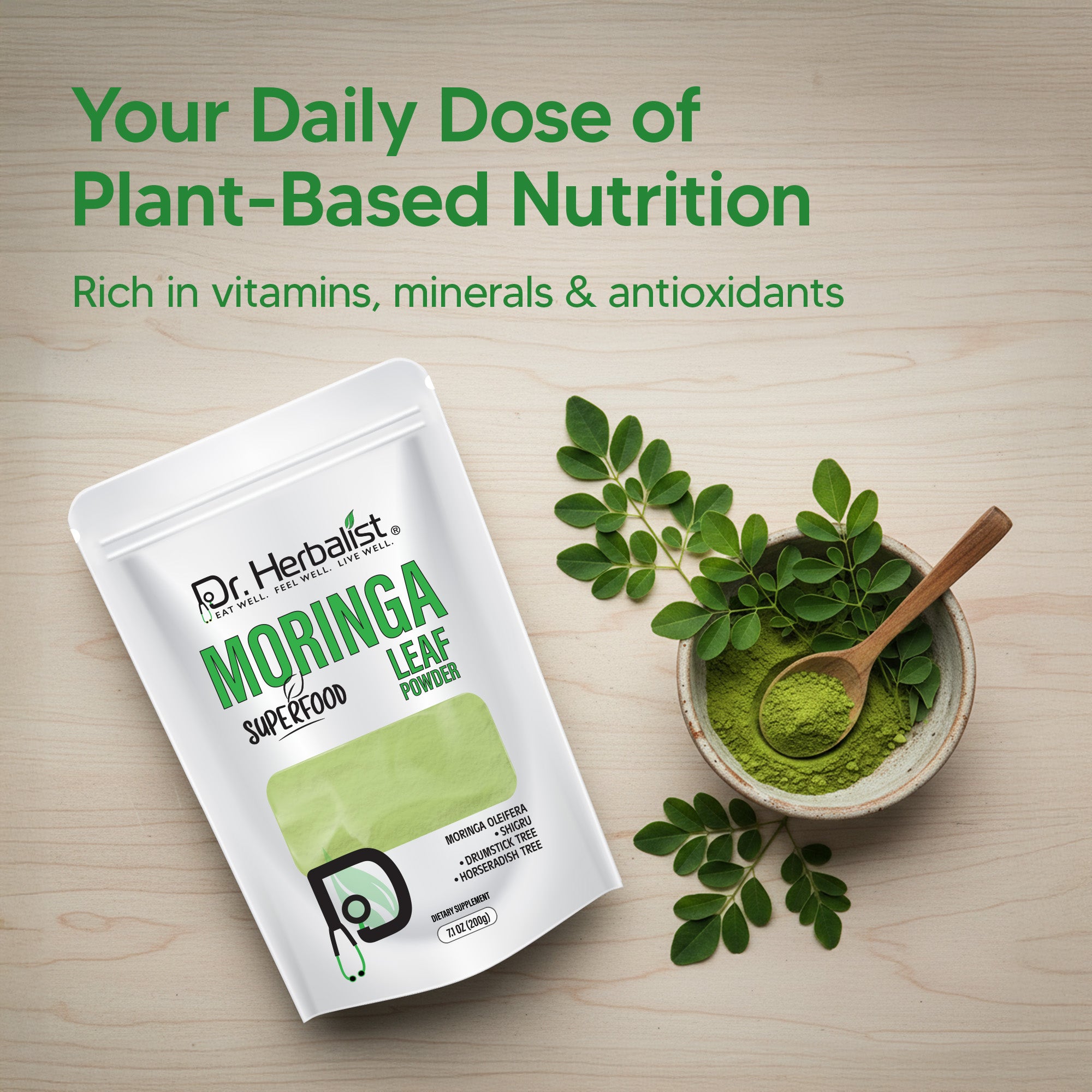 Dr. HERBALIST Moringa Powder 200g - Pure Moringa Oleifera Leaf with Complete Amino Acids & Iron | Supports Daily Nutrition & Antioxidant Wellness* | Value Size | Halal, Vegan
