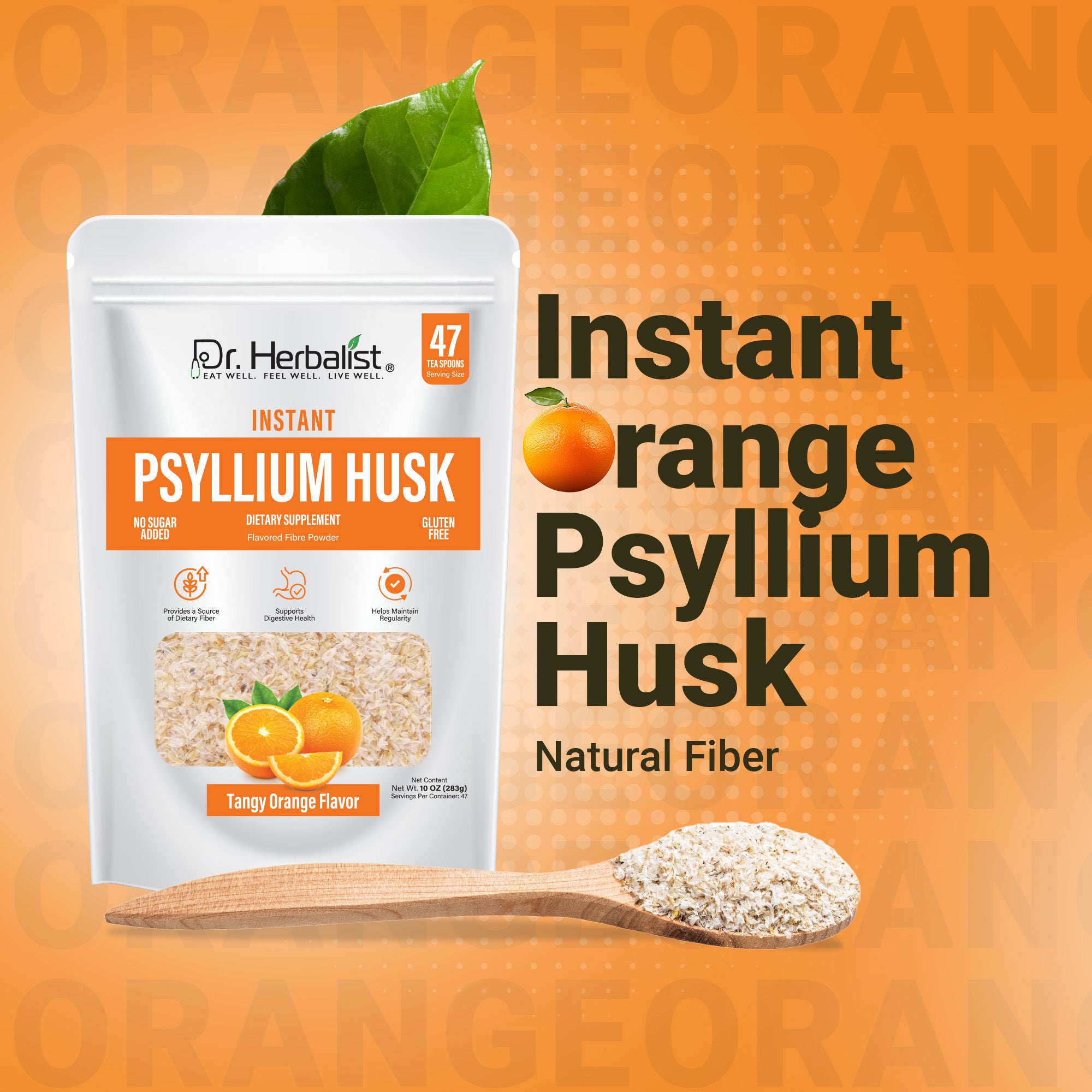 Dr. Herbalist Orange Instant Psyllium Husk Powder 283g – Premium Fiber Blend, Orange Flavor, Easy Mix Drink