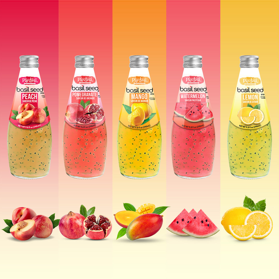 Pardesi Basil Seed Drink Lemon Flavor 290ml 9.8 Fl Oz | Pack of 12 (117.6 FL Oz ) | Naturally Refreshing & Cooling | Rich in Antioxidants, Fiber & Omega-3 | Real Basil Seeds for Digestive Health & Hydration.
