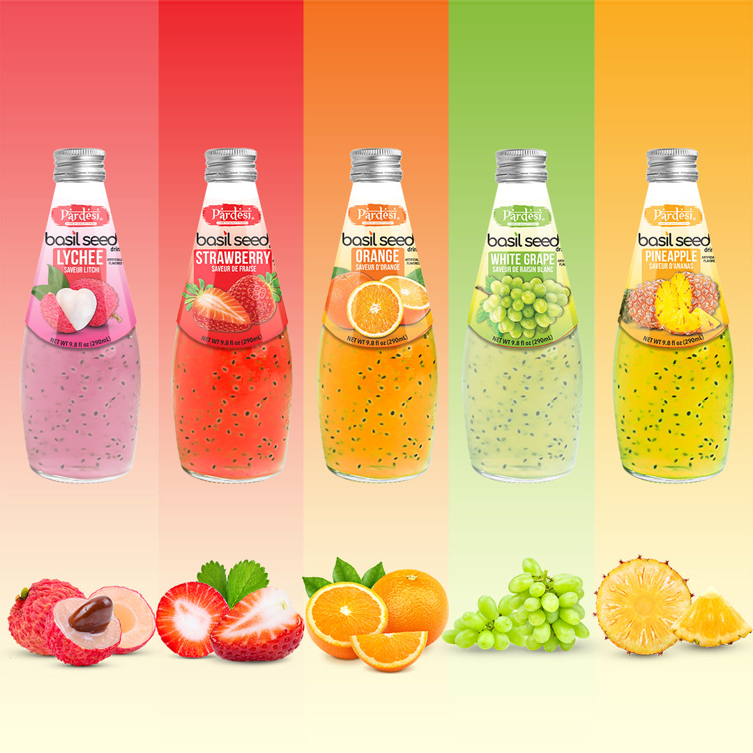 Pardesi Basil Seed Drink Peach Flavor 290ml 9.8 Fl Oz | Pack of 12 (117.6 FL Oz ) | Naturally Refreshing & Cooling | Rich in Antioxidants, Fiber & Omega-3 | Real Basil Seeds for Digestive Health & Hydration.