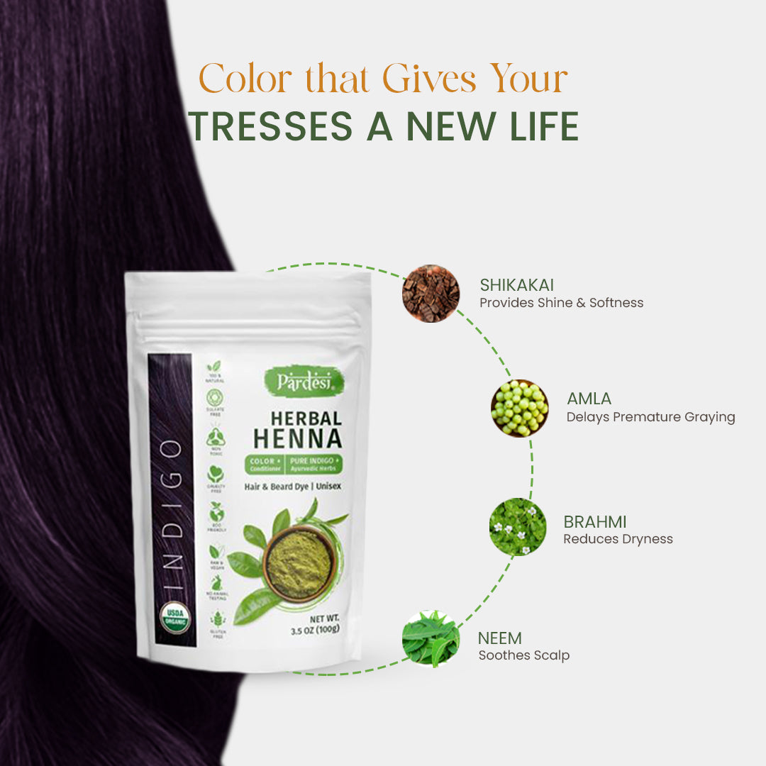 Pardesi Organic Henna Pure Indigo 200g - Natural Hair Color & Conditioning Treatment | Halal, Non-GMO, Vegan | Chemical-Free