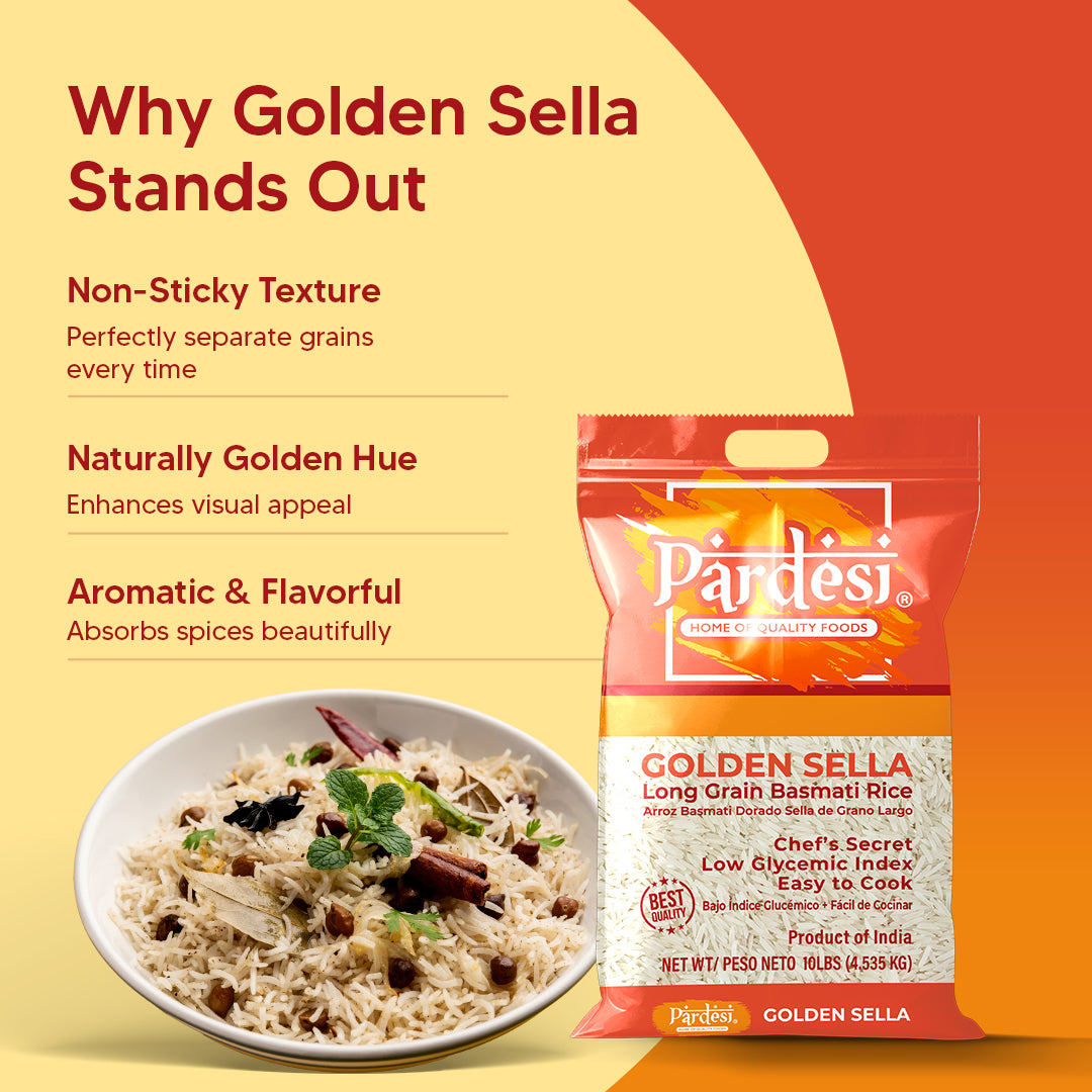 Basmati Golden Sella Parboiled Rice 10LB - Easy to Cook - Low Glycemic Index NON GMO - Made in India