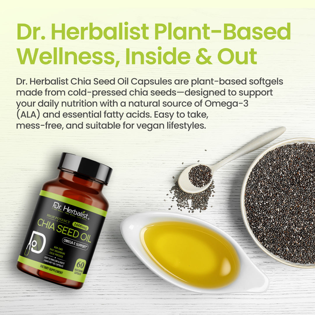 Dr Herbalist Chia Seed Oil 60 Capsules | Cold Pressed | Rich in Omega-3, Fiber & Antioxidants | Heart, Skin, Hair & Joint Health Supplement | Plant-Based Wellness