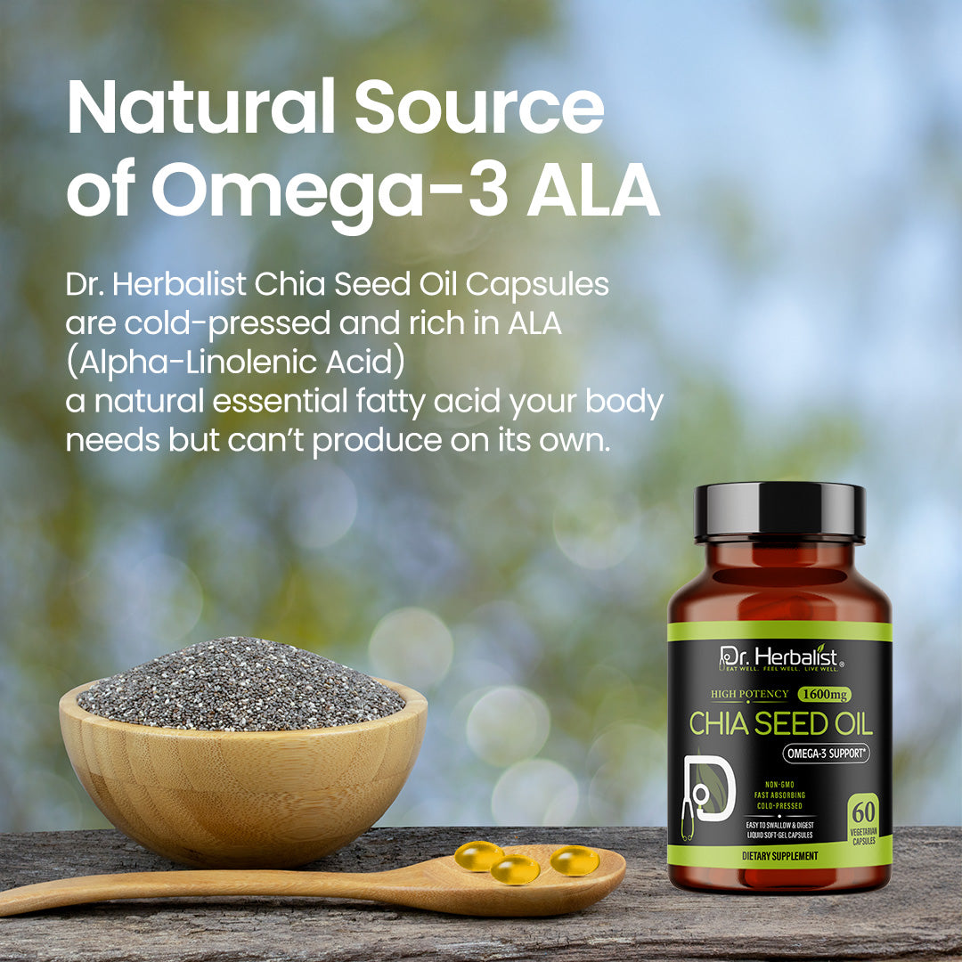 Dr Herbalist Chia Seed Oil 60 Capsules | Cold Pressed | Rich in Omega-3, Fiber & Antioxidants | Heart, Skin, Hair & Joint Health Supplement | Plant-Based Wellness