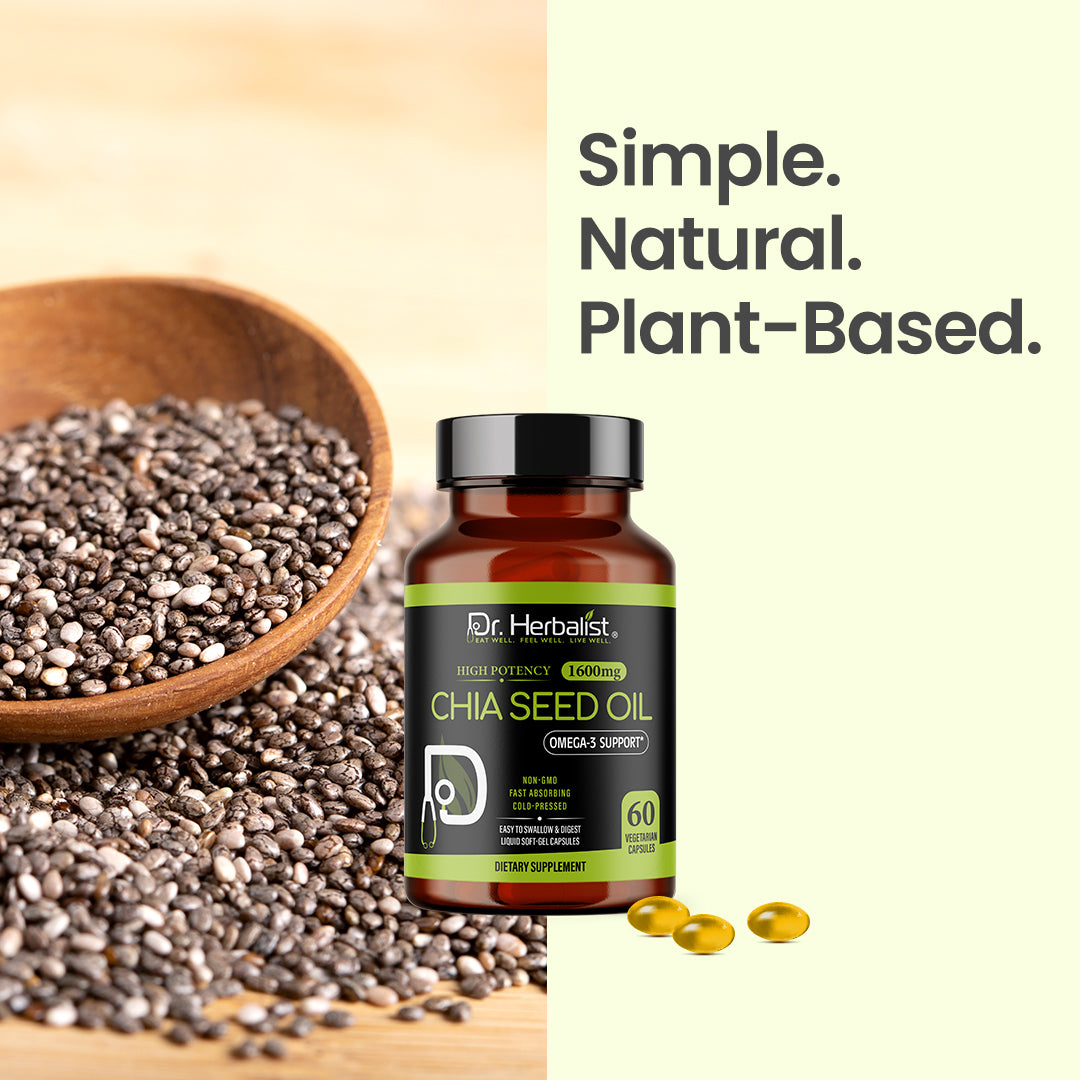 Dr Herbalist Chia Seed Oil 60 Capsules | Cold Pressed | Rich in Omega-3, Fiber & Antioxidants | Heart, Skin, Hair & Joint Health Supplement | Plant-Based Wellness