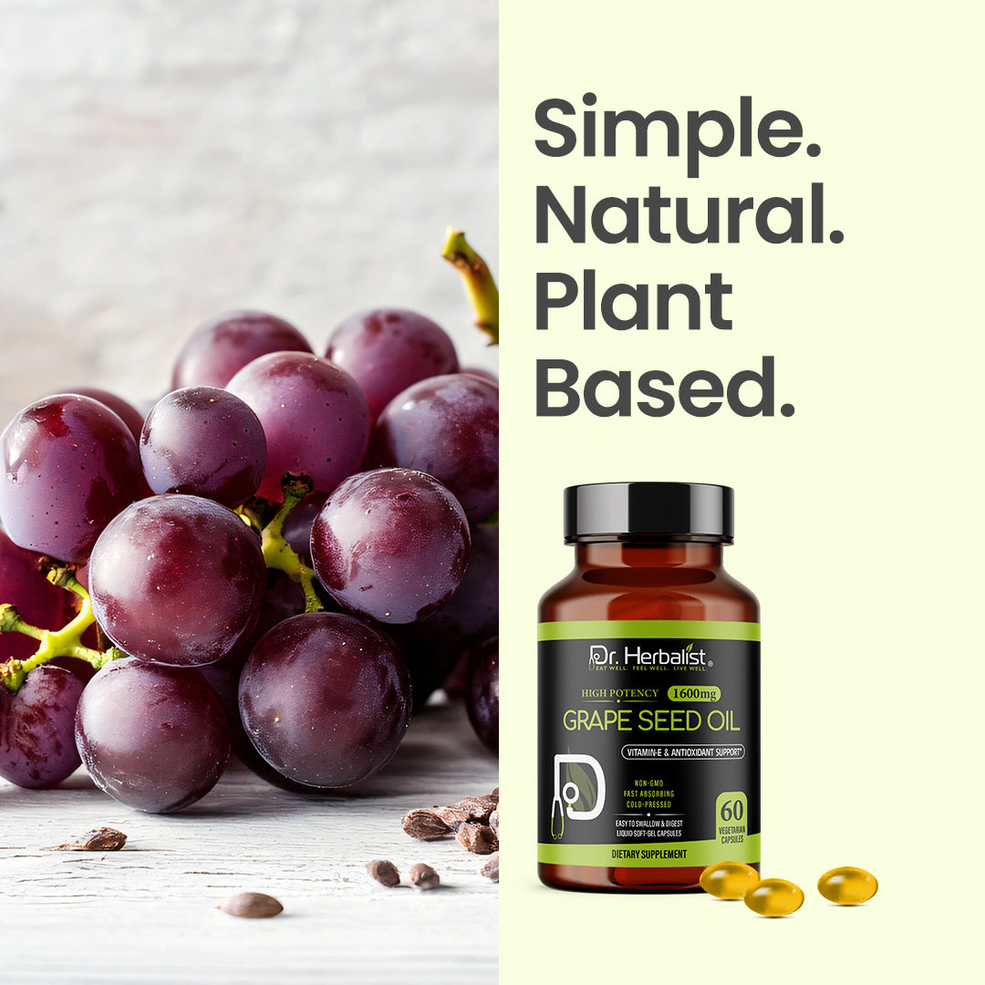 Dr Herbalist Grape Seed Oil 60 Capsules | Cold Pressed Extract | Rich in Antioxidants, Vitamin E & Omega-6 | Supports Heart, Skin, Hair & Immune Health | Herbal Supplement