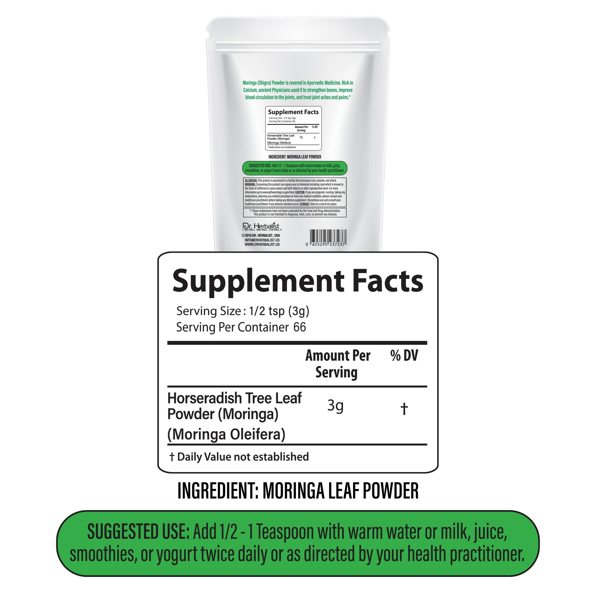 Dr. HERBALIST Moringa Powder 200g - Pure Moringa Oleifera Leaf with Complete Amino Acids & Iron | Supports Daily Nutrition & Antioxidant Wellness* | Value Size | Halal, Vegan