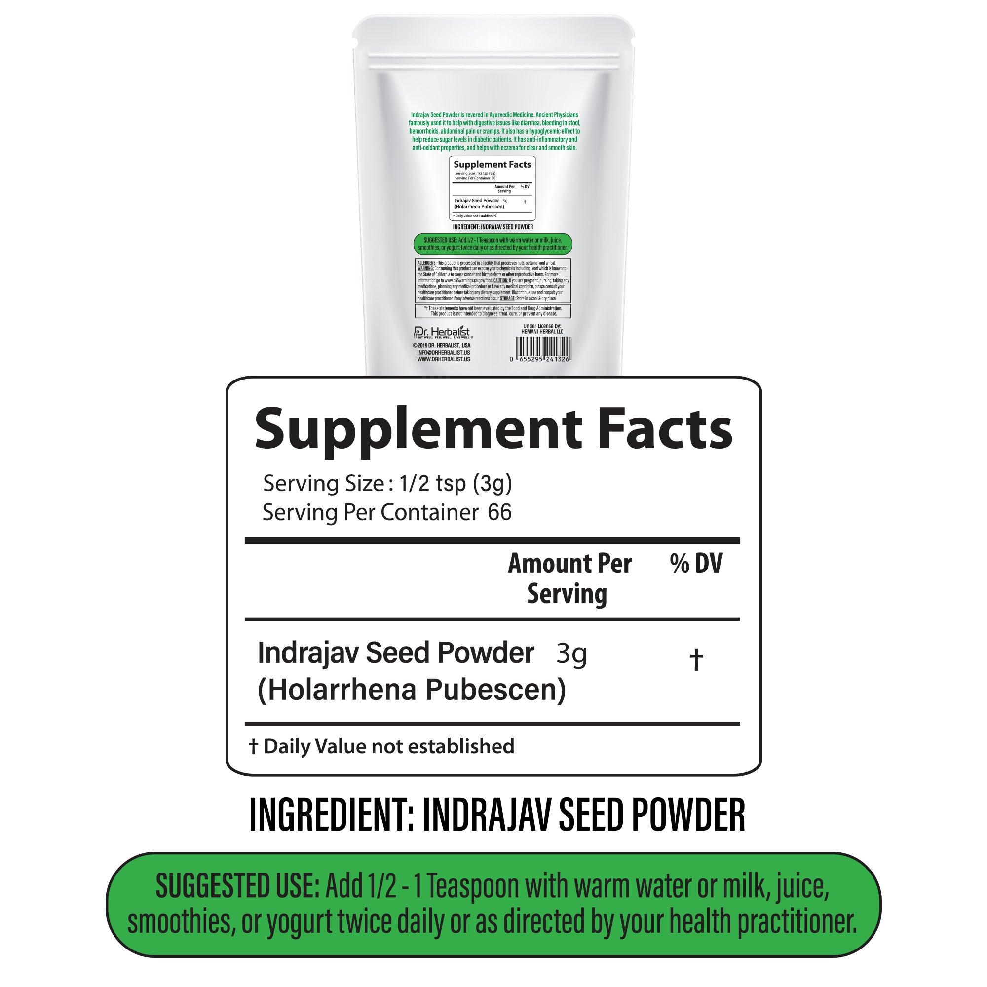Dr. HERBALIST Inderju Powder 200g - Pure Wrightia Tinctoria (Sweet Indrajao) | Supports Skin Wellness & Traditional Topical Care* | Ayurvedic Dermatological Herb | Halal, Vegan
