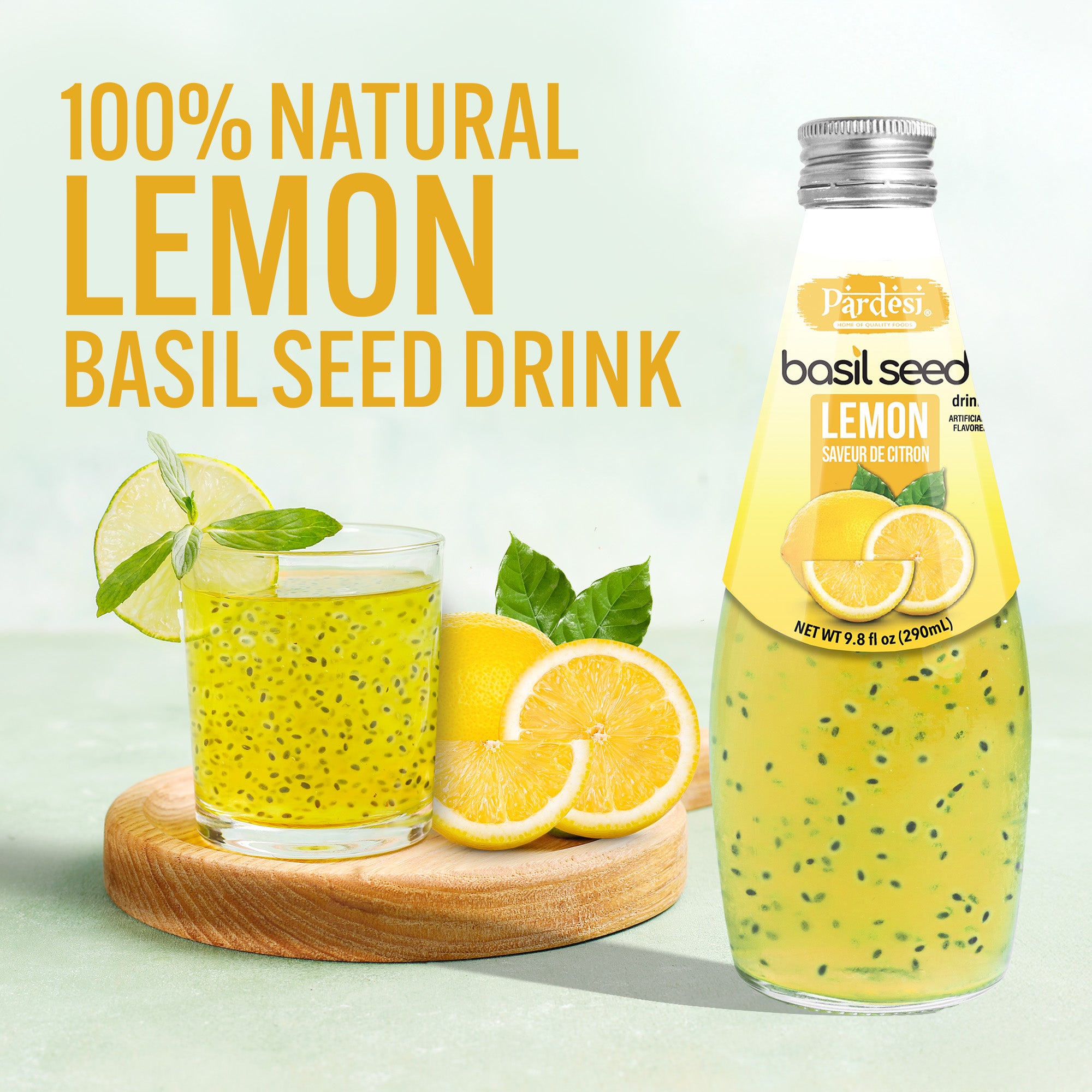 Pardesi Basil Seed Drink Lemon Flavor 290ml 9.8 Fl Oz | Pack of 12 (117.6 FL Oz ) | Naturally Refreshing & Cooling | Rich in Antioxidants, Fiber & Omega-3 | Real Basil Seeds for Digestive Health & Hydration.