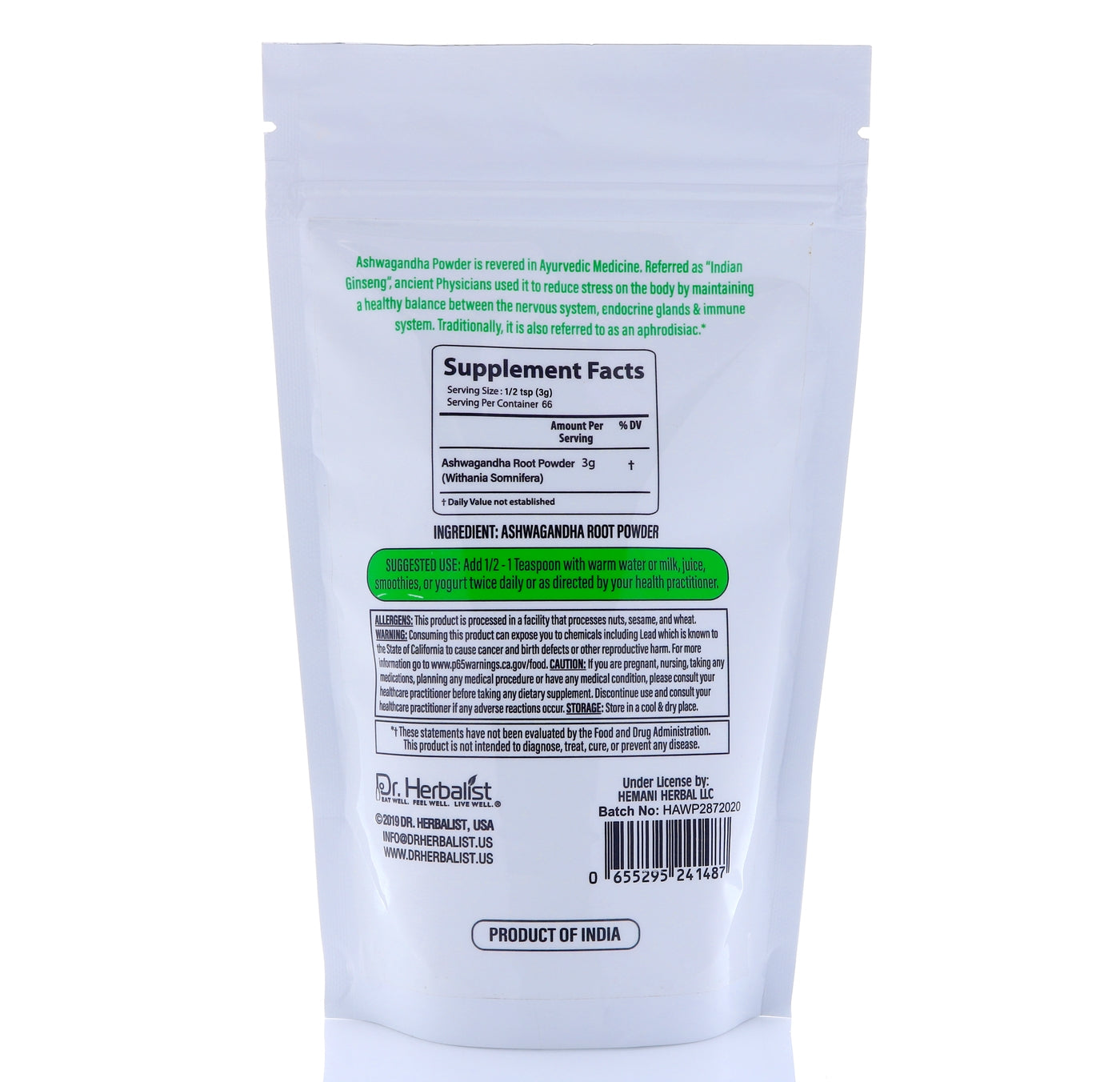 Dr. HERBALIST Ashwagandha Root Powder 200g - Pure Withania Somnifera for Traditional Preparation | Supports Calm Focus & Vitality* | Mix in Milk Smoothie or Tea | Halal, Vegan