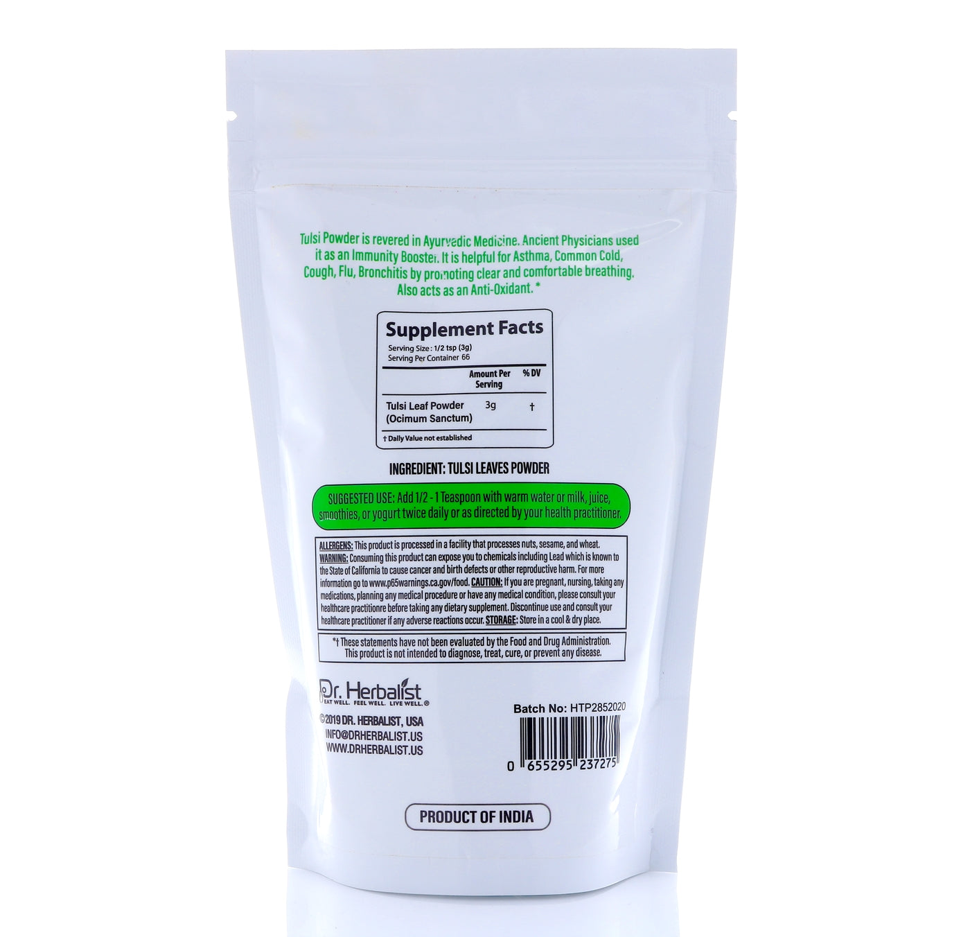 Dr. HERBALIST Tulsi Powder 200g - Pure Ocimum Tenuiflorum (Holy Basil) with Eugenol & Rosmarinic Acid | Supports Respiratory Wellness Stress Relief & Immunity* | Halal, Vegan