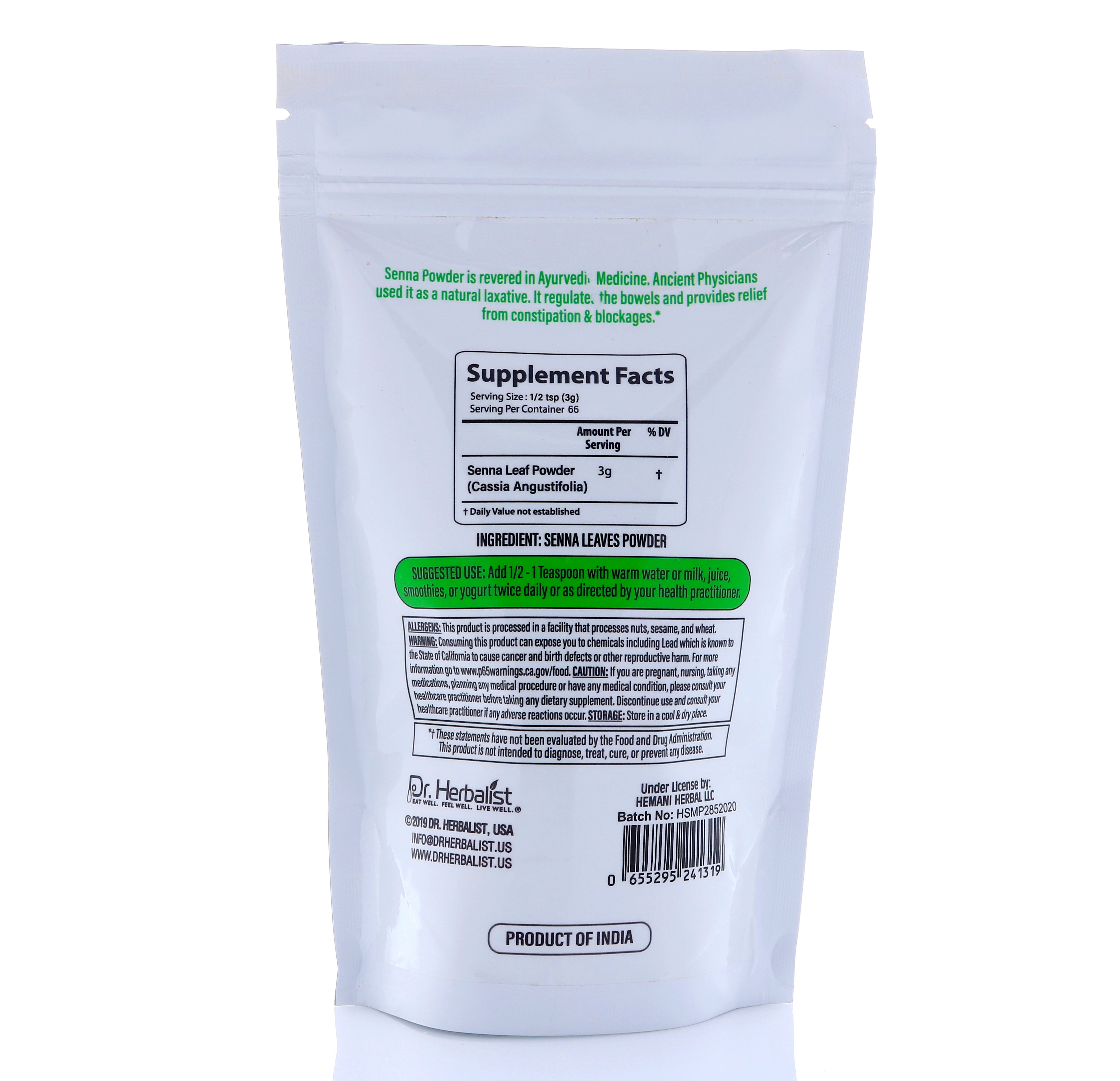 Dr. HERBALIST Senna Powder 200g - Pure Senna Alexandrina Leaf with Sennosides | Supports Occasional Digestive Regularity* | Short-Term Use Only | Halal, Vegan