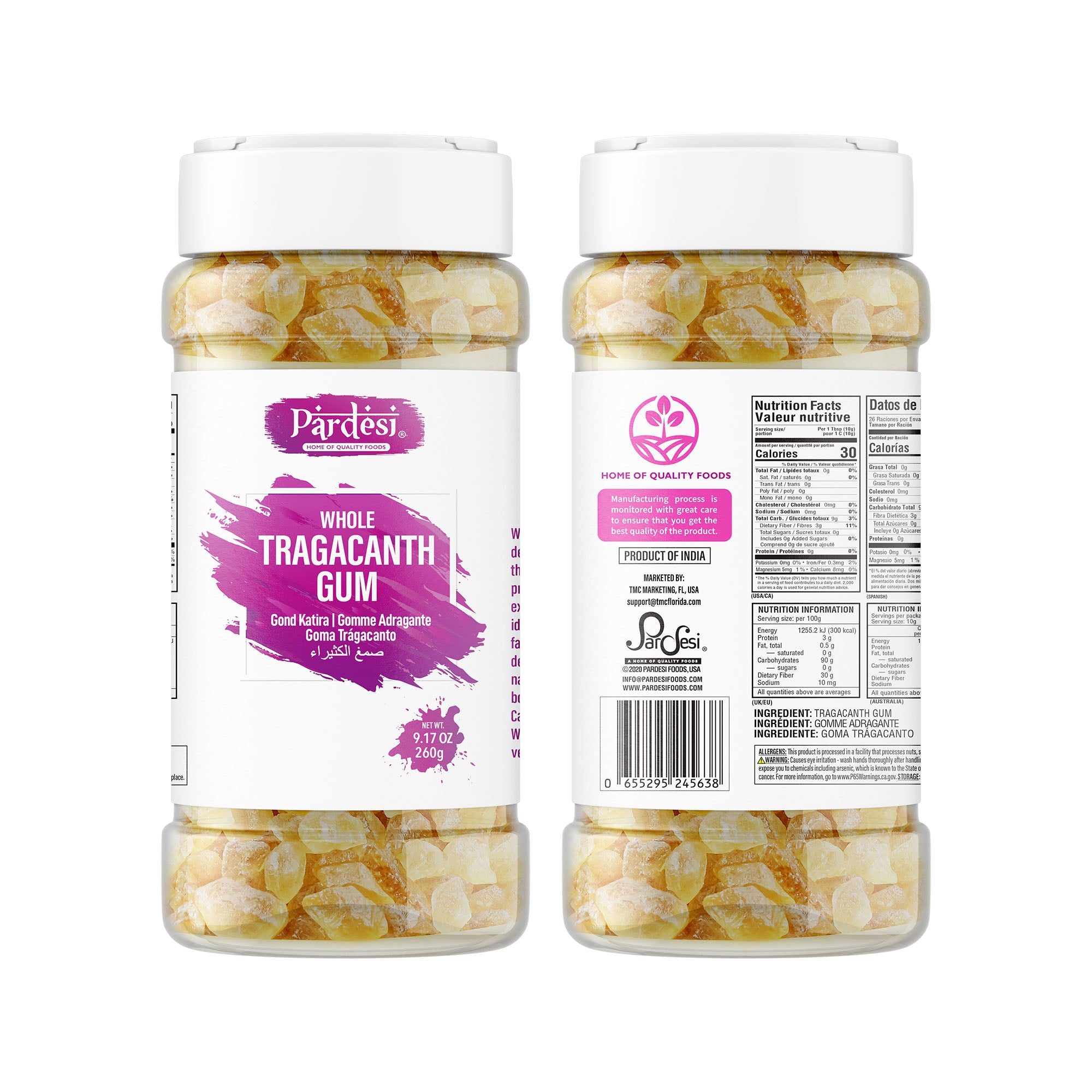 Pardesi Gond Katira (Tragacanth Gum) 260g Jar - Traditional Cooling Summer Ingredient | Halal, Non-GMO, Vegan | Dual-Cap Jar