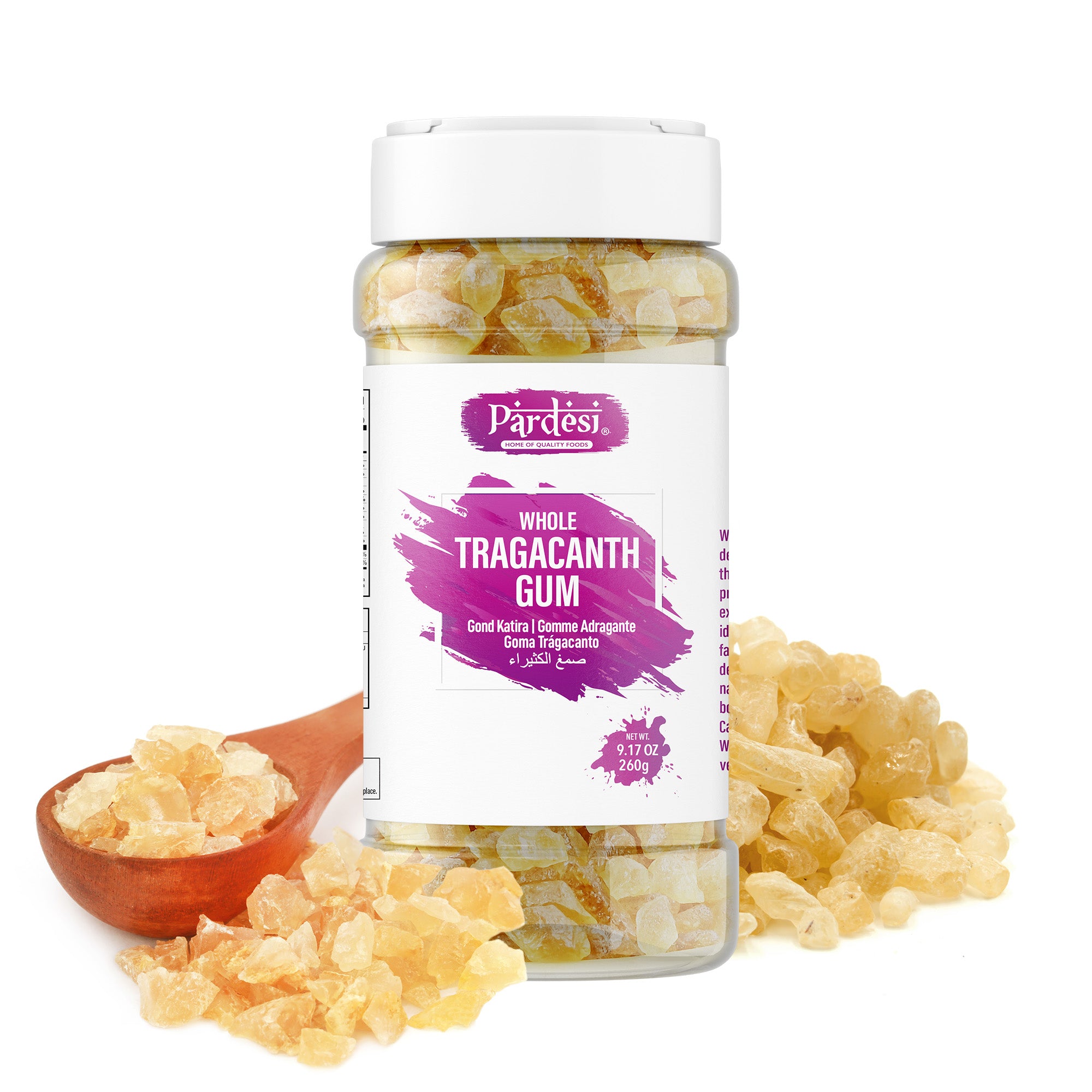 Pardesi Gond Katira (Tragacanth Gum) 260g Jar - Traditional Cooling Summer Ingredient | Halal, Non-GMO, Vegan | Dual-Cap Jar
